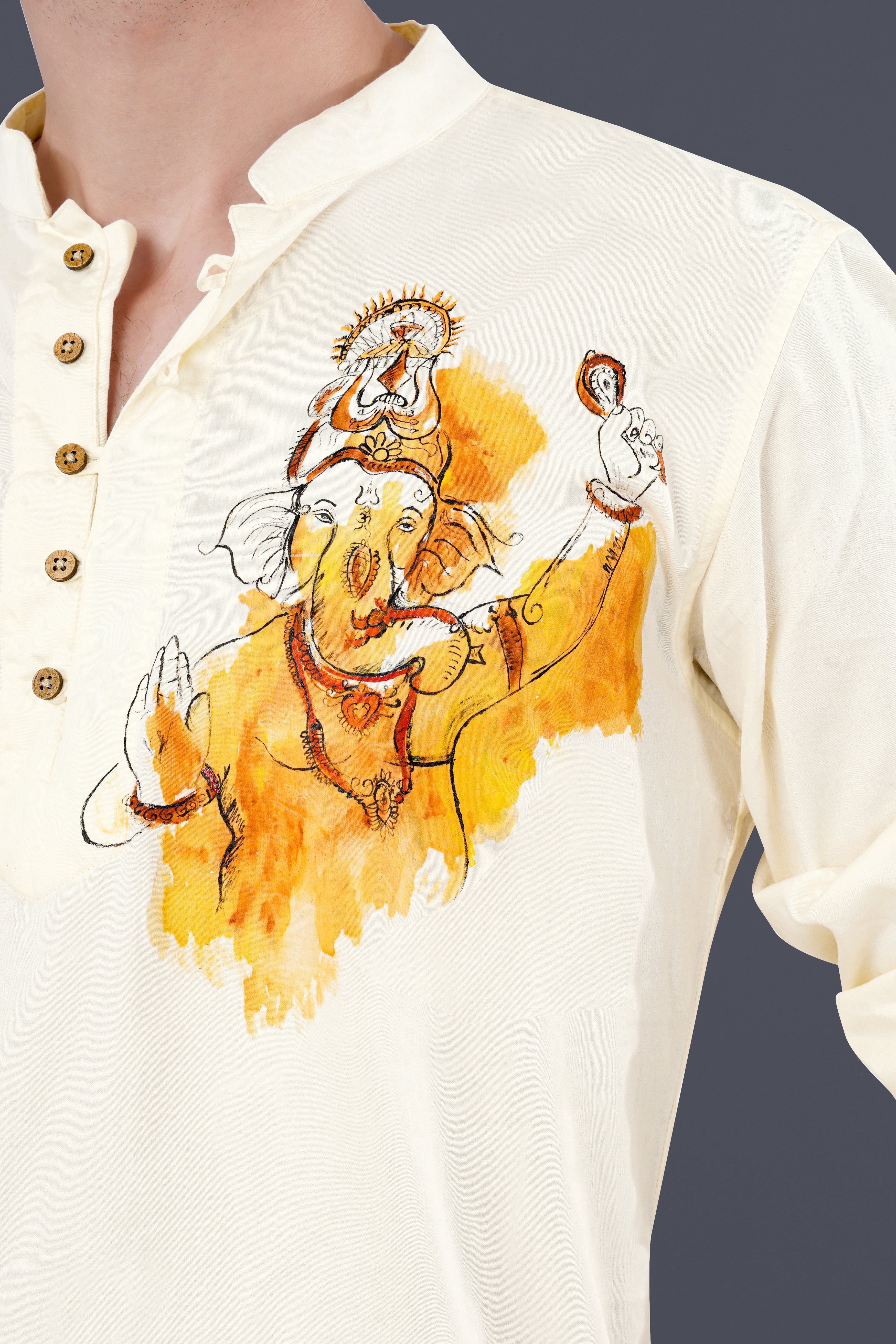 Fantasy Cream Lord Ganesha Painted Subtle Sheen Super Soft Premium Cotton Designer Kurta Shirt