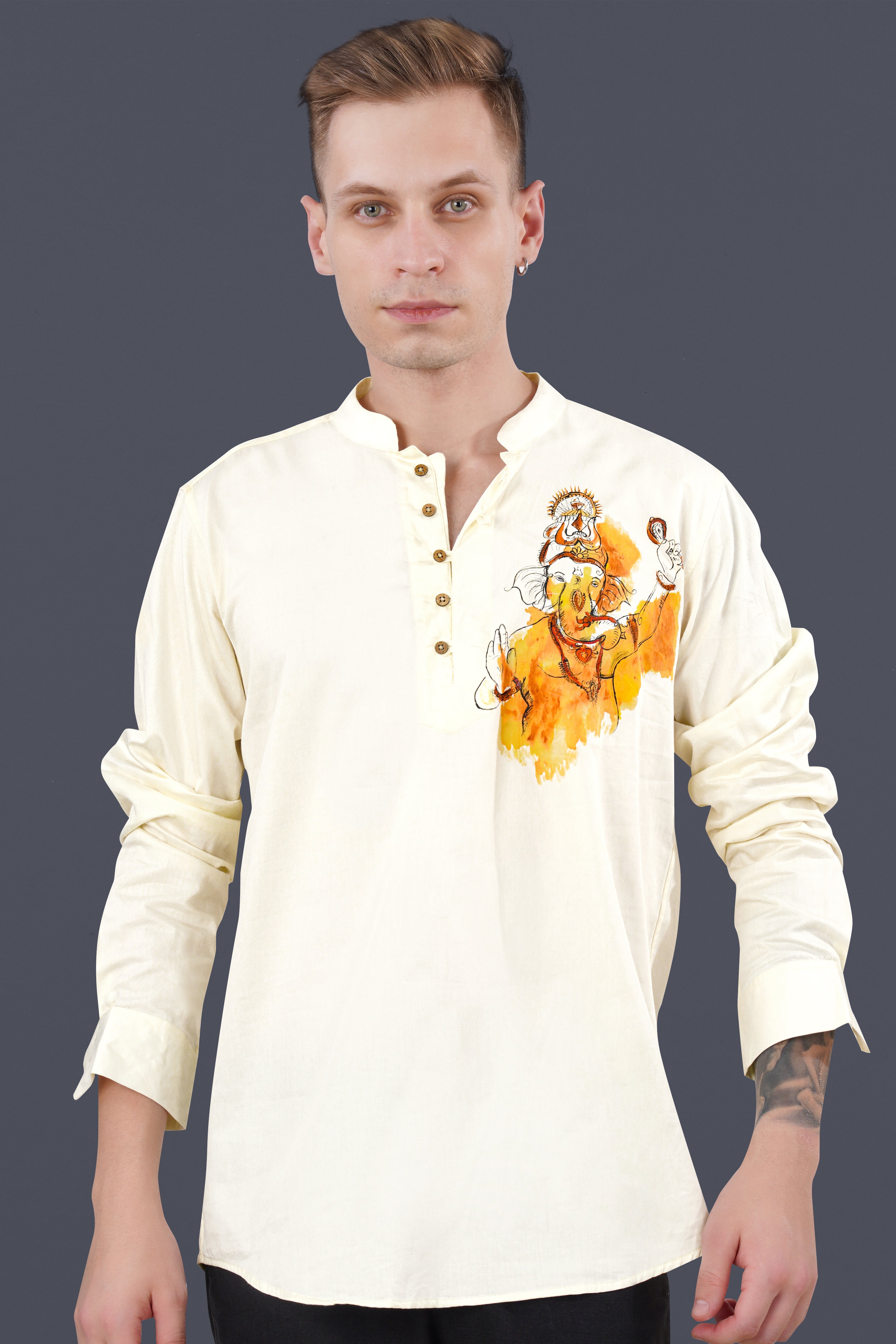Fantasy Cream Lord Ganesha Painted Subtle Sheen Super Soft Premium Cotton Designer Kurta Shirt