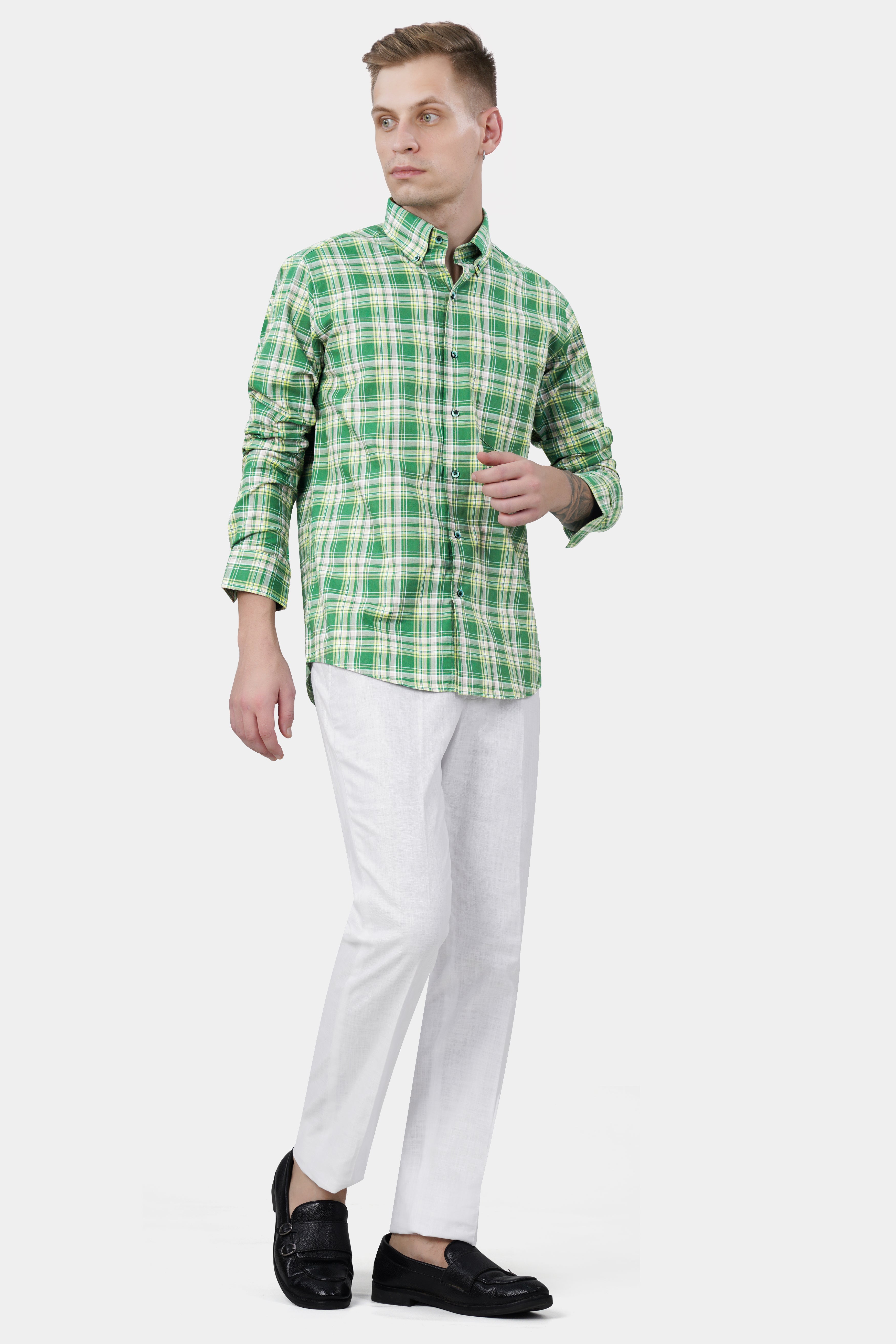 Salem Green and White Twill Plaid Premium Cotton Shirt