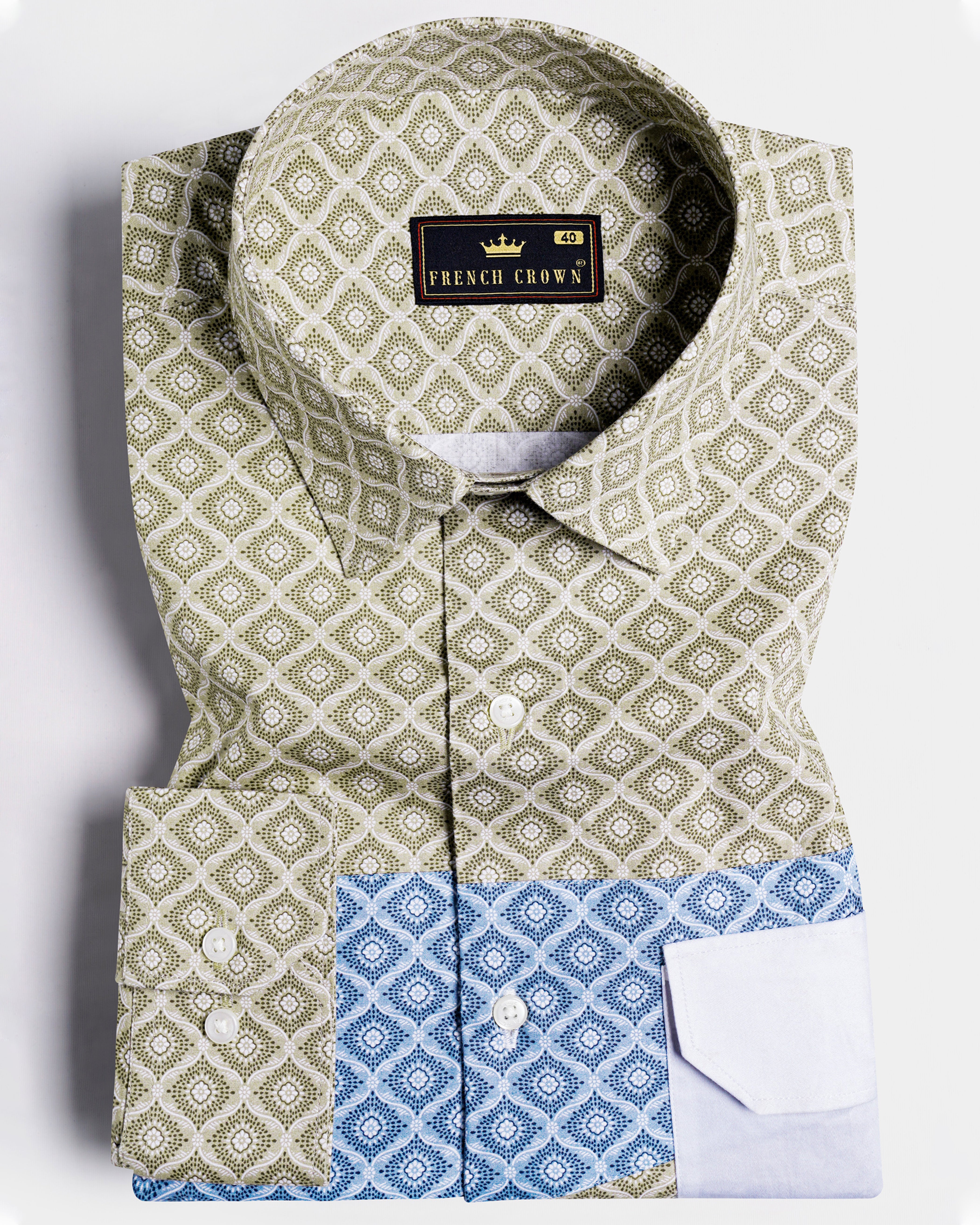 Bison Brown with Danube Blue and White Geometric Printed Premium Cotton Designer Shirt