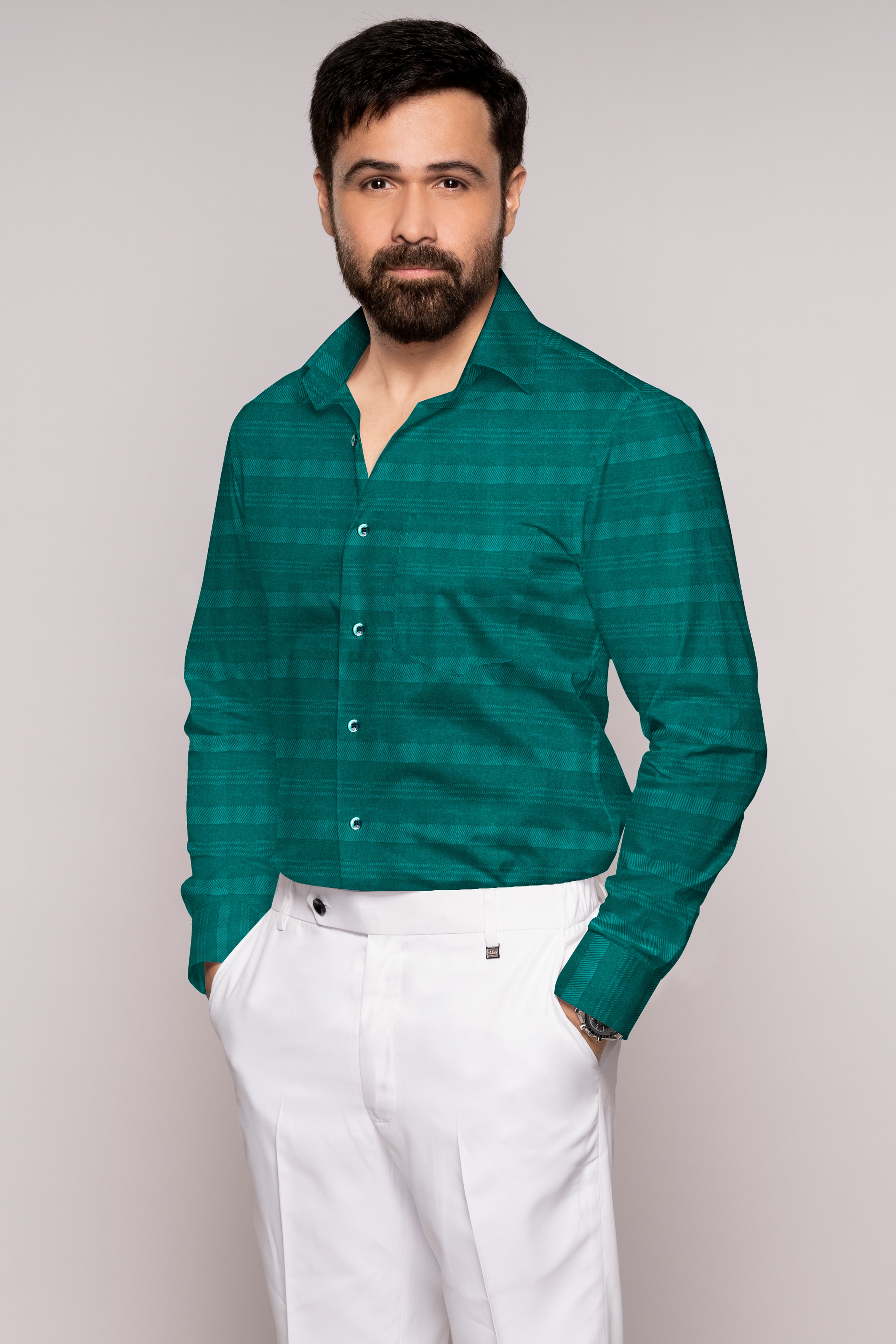 Aqua Green Striped Dobby Textured Premium Giza Cotton Shirt