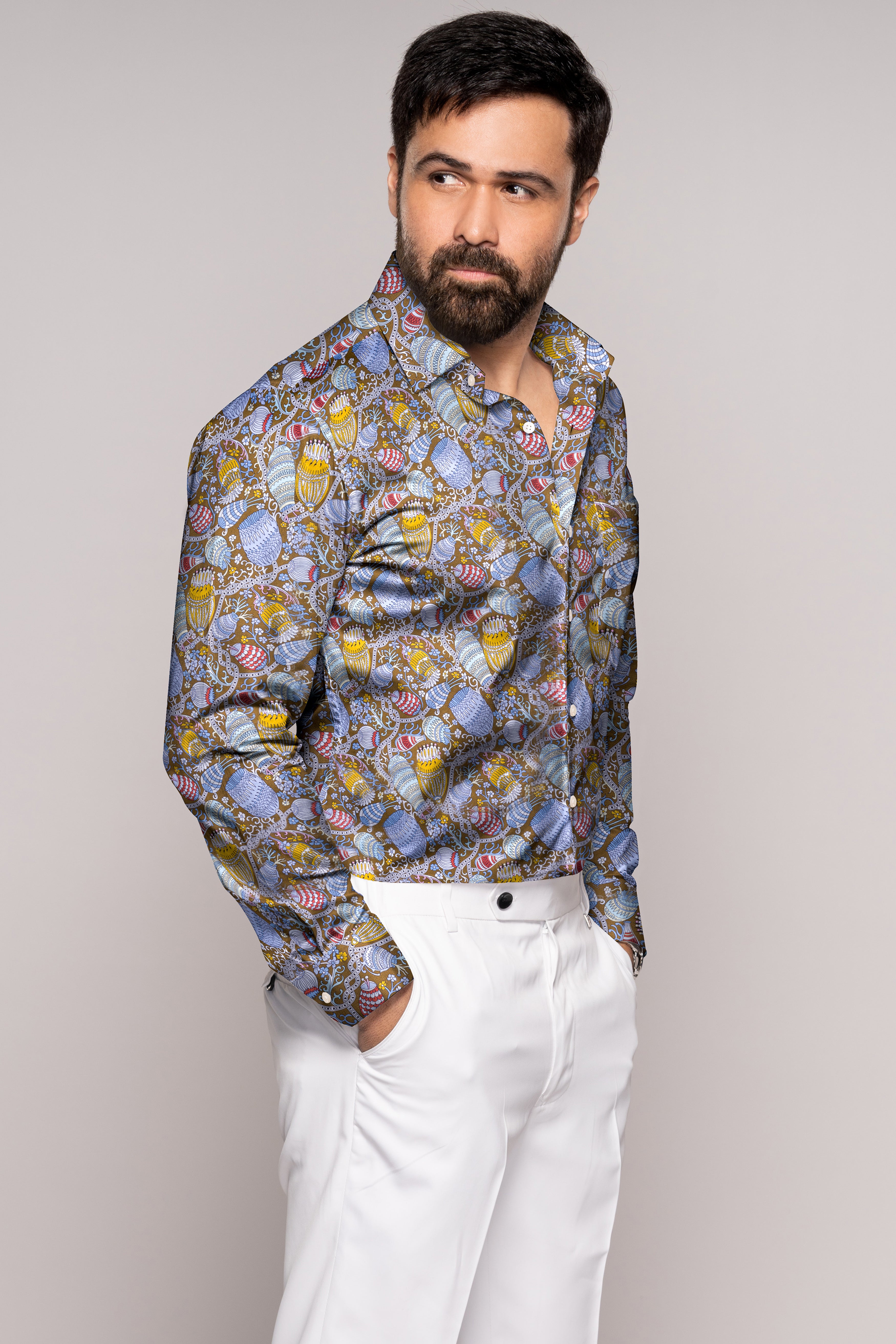 Nutmeg Brown with Iris Blue and Cadet Red Floral Printed Subtle Sheen Super Soft Premium Cotton Shirt
