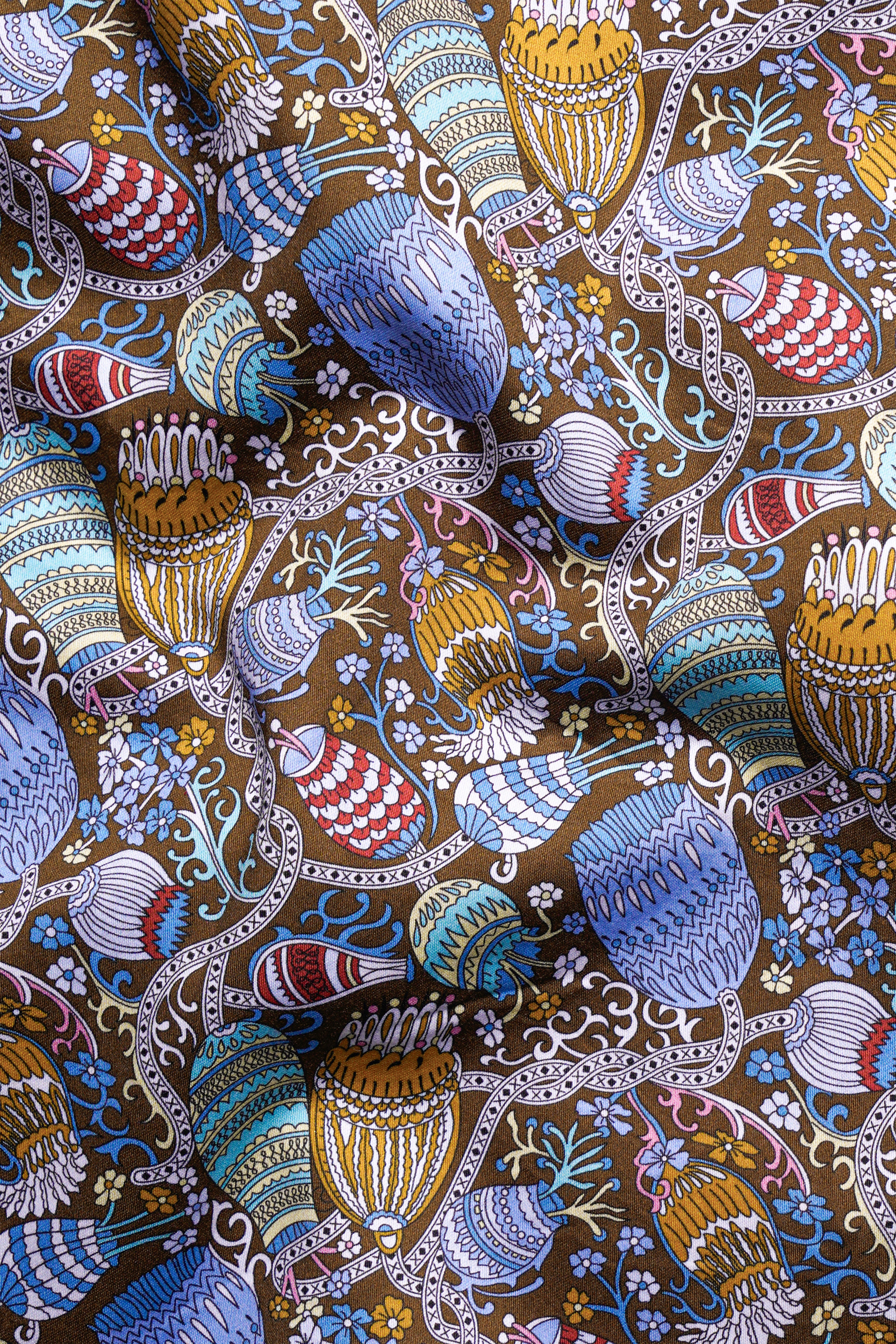 Nutmeg Brown with Iris Blue and Cadet Red Floral Printed Subtle Sheen Super Soft Premium Cotton Shirt