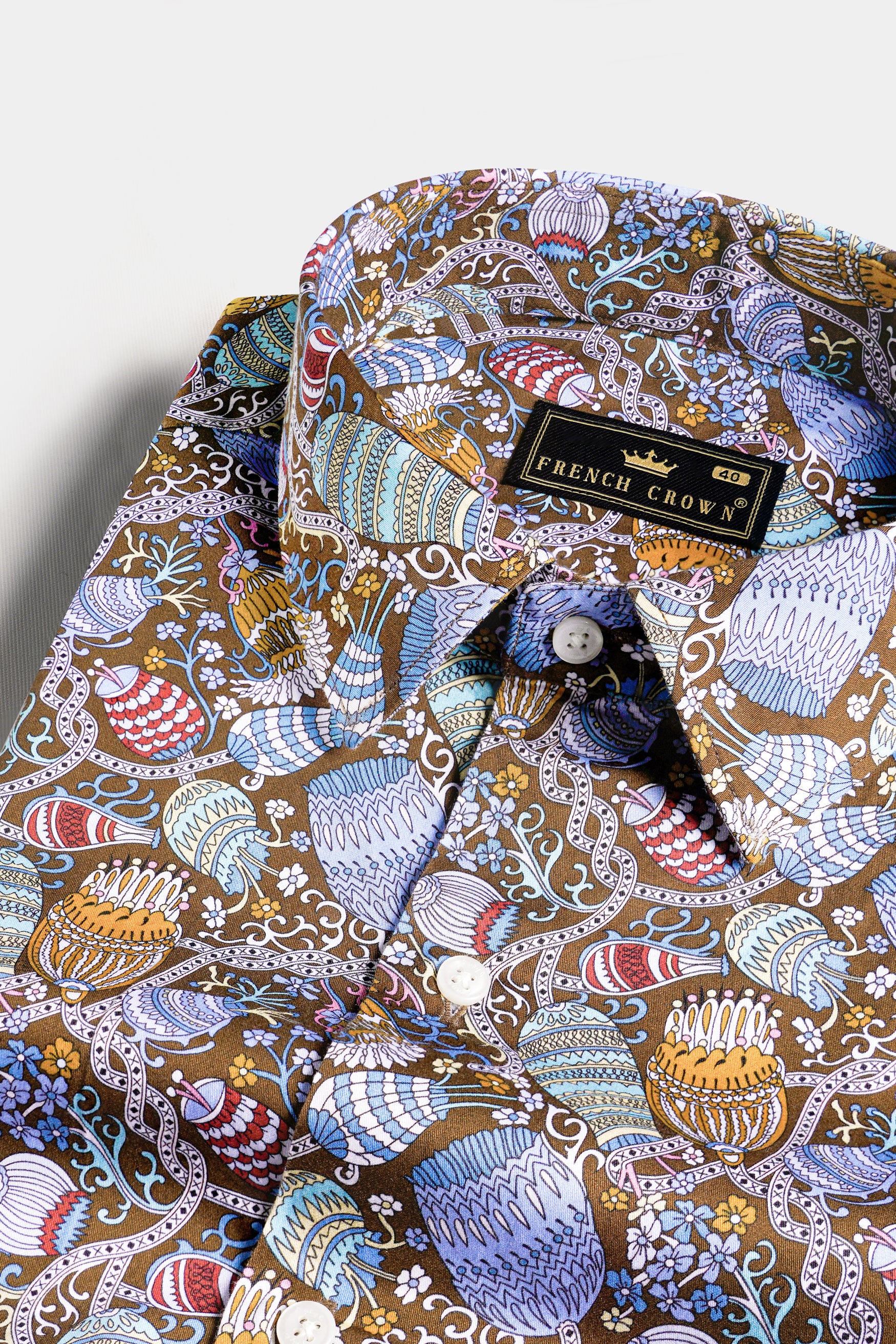Nutmeg Brown with Iris Blue and Cadet Red Floral Printed Subtle Sheen Super  Soft Premium Cotton Shirt