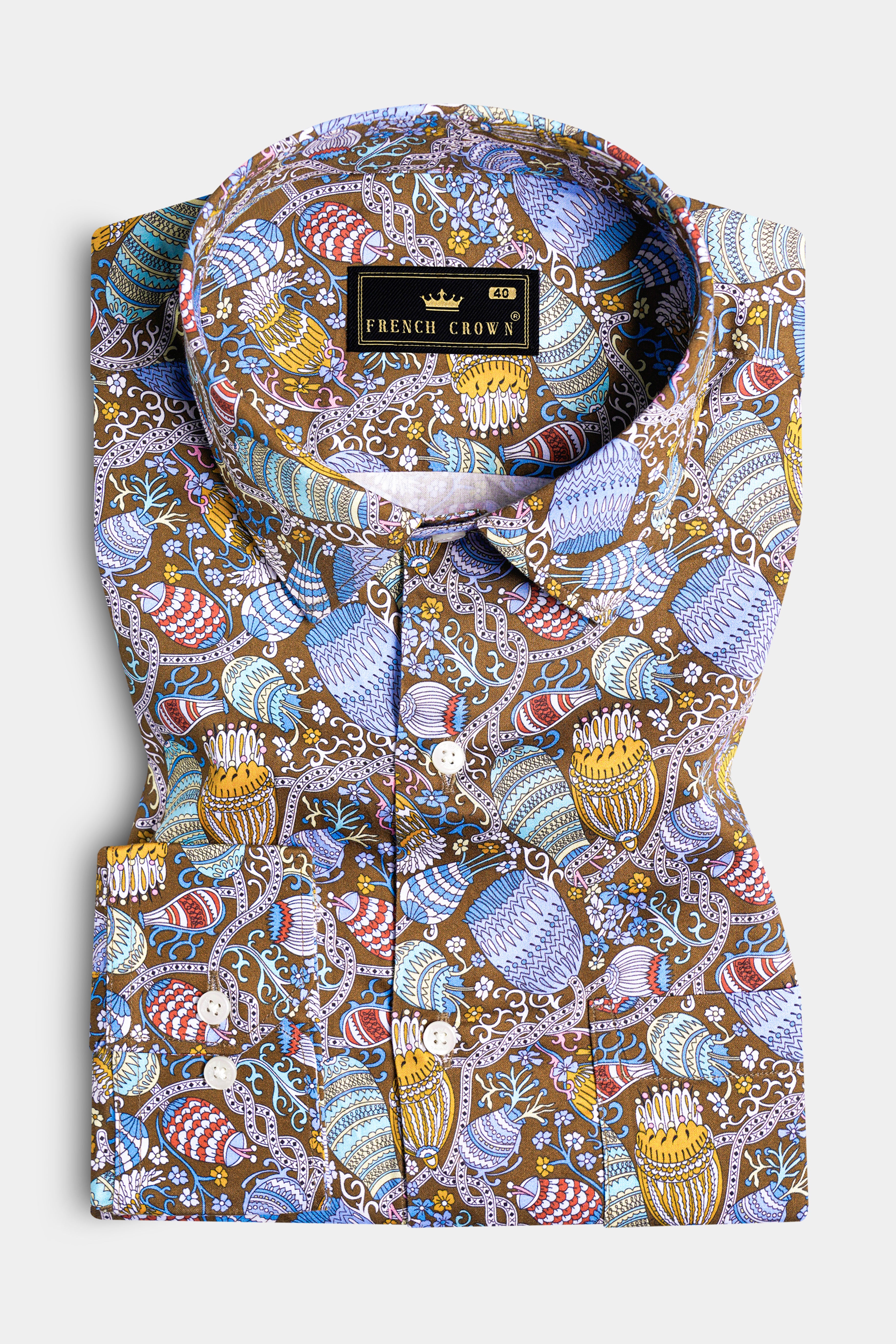 Nutmeg Brown with Iris Blue and Cadet Red Floral Printed Subtle Sheen Super Soft Premium Cotton Shirt