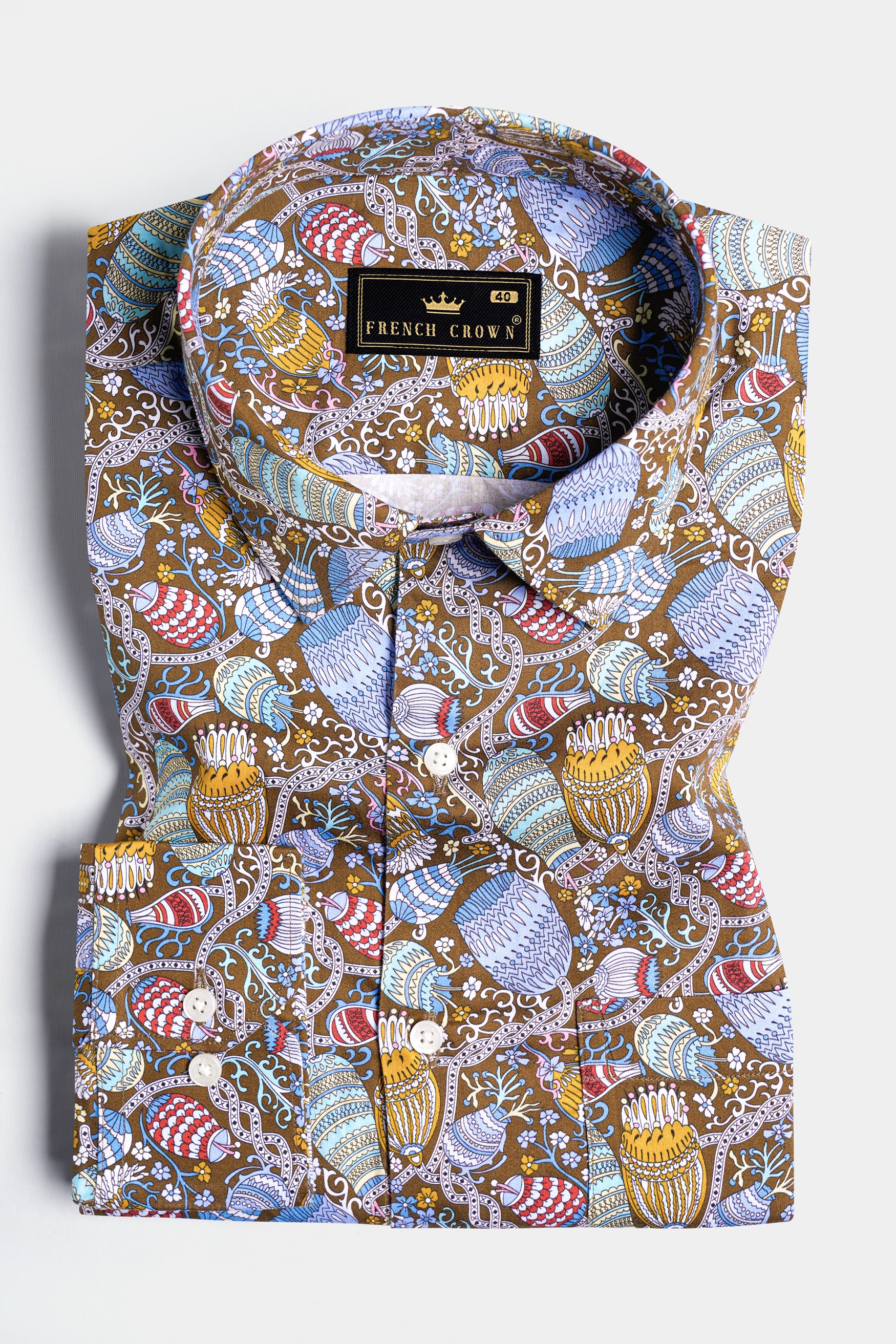 Nutmeg Brown with Iris Blue and Cadet Red Floral Printed Subtle Sheen Super Soft Premium Cotton Shirt 11703-38, 11703-H-38, 11703-39, 11703-H-39, 11703-40, 11703-H-40, 11703-42, 11703-H-42, 11703-44, 11703-H-44, 11703-46, 11703-H-46, 11703-48, 11703-H-48, 11703-50, 11703-H-50, 11703-52, 11703-H-52