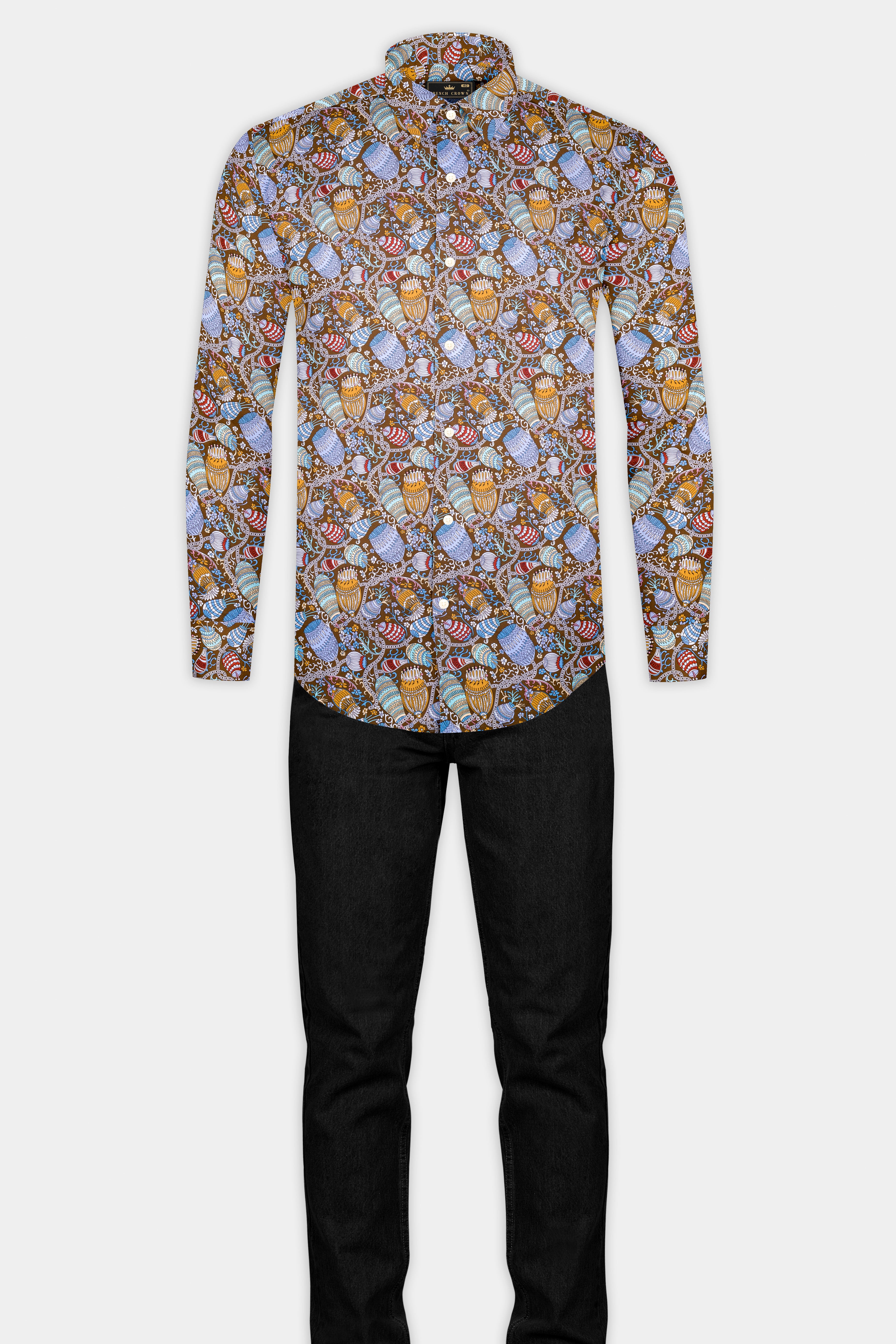 Nutmeg Brown with Iris Blue and Cadet Red Floral Printed Subtle Sheen Super Soft Premium Cotton Shirt