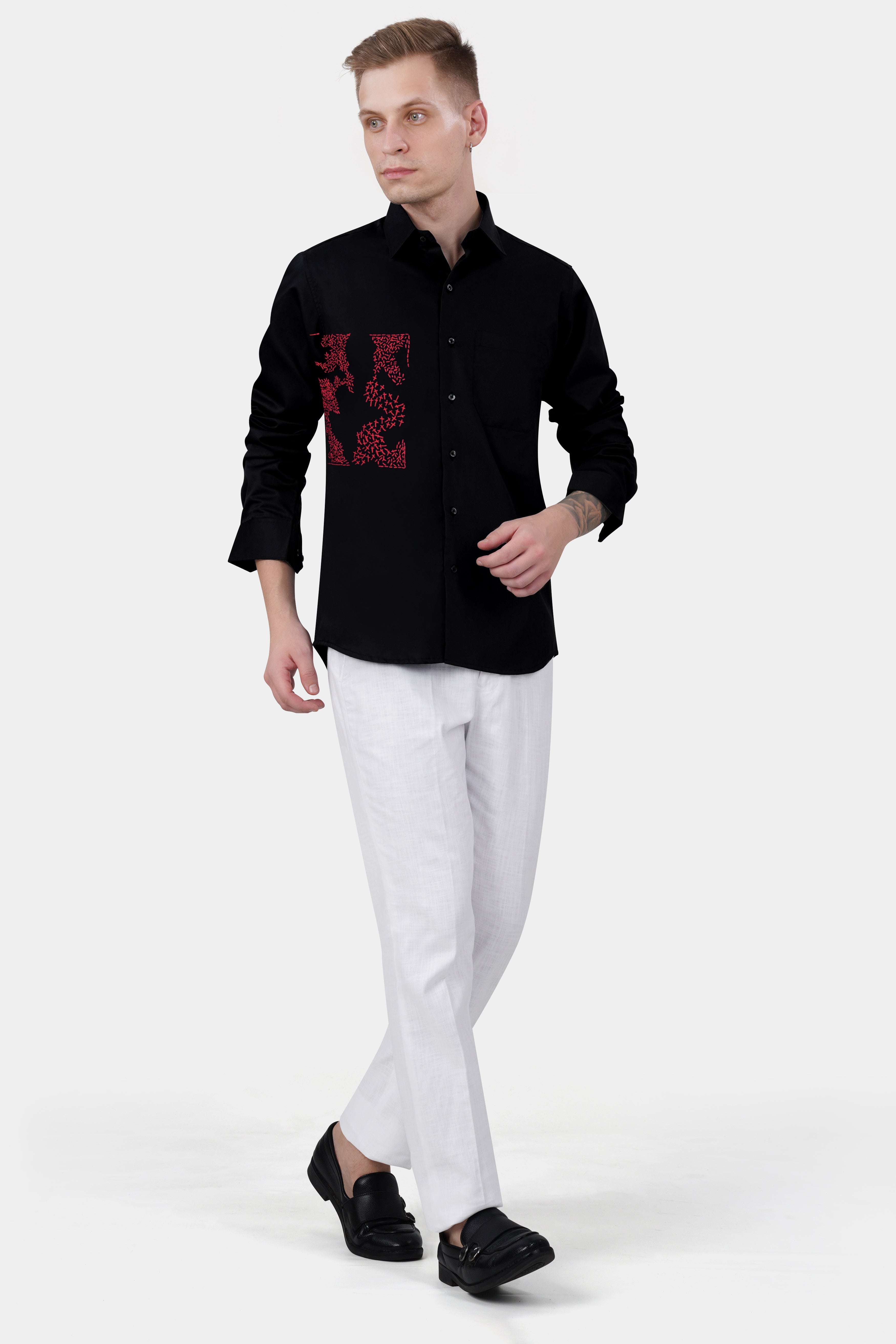 Jade Black with Shiraz Red Embroidered Subtle Sheen Super Soft Premium Cotton Shirt