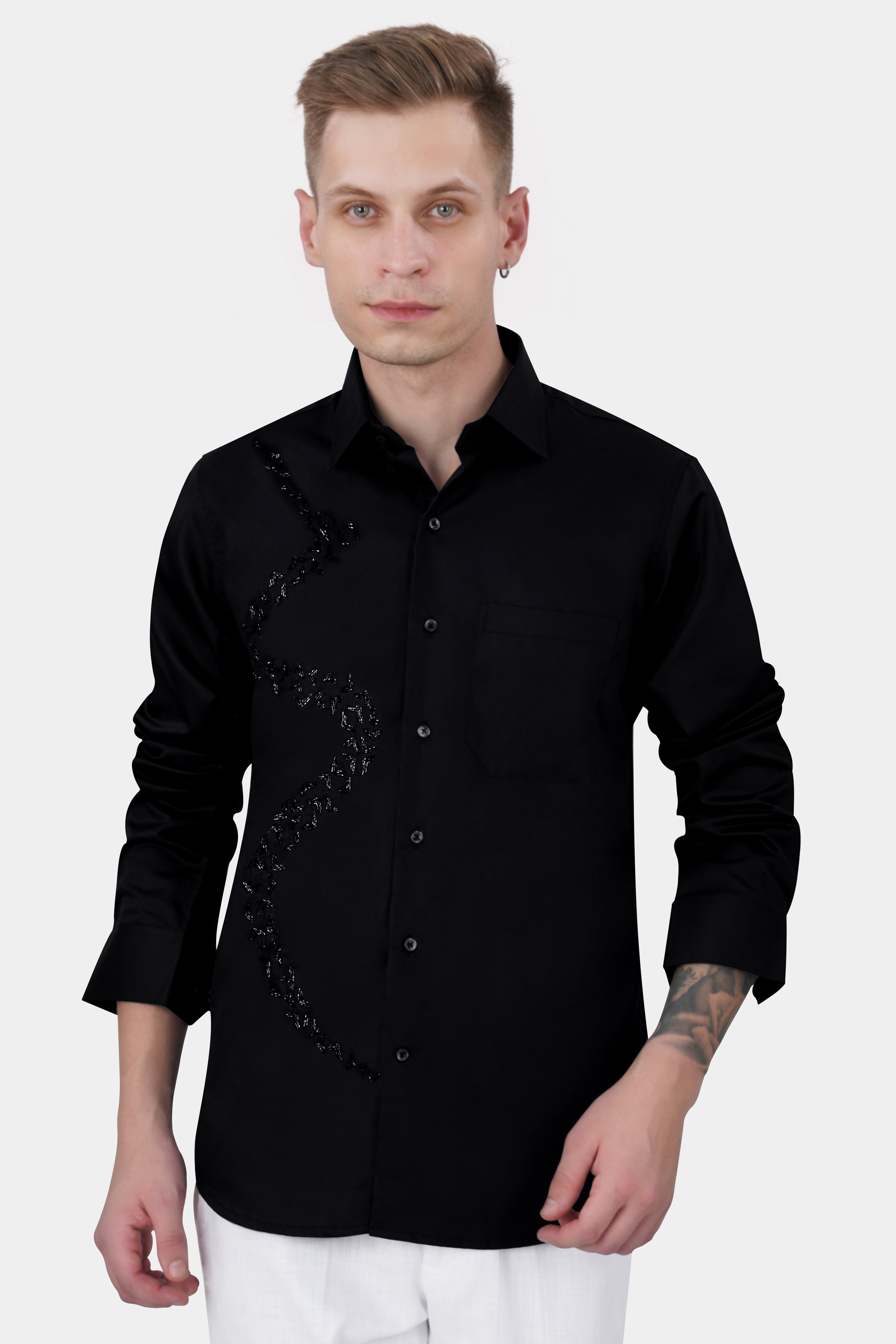 Jade Black Tikki Work Hand Stitched Subtle Sheen Super Soft Premium Cotton Designer Shirt