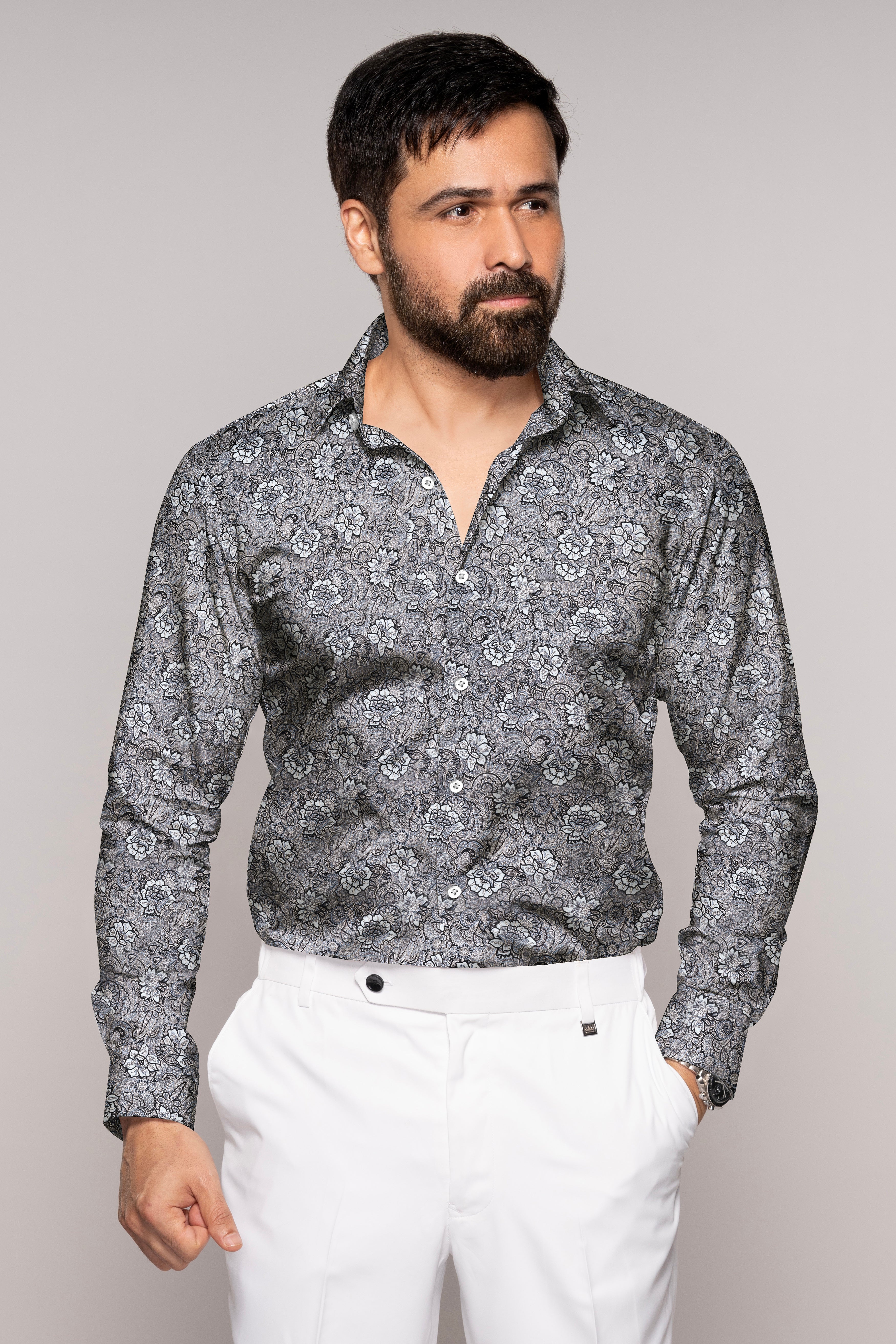 Mountain Mist Gray and Tuatara Brown Floral Printed Subtle Sheen Super Soft Premium Cotton Shirt