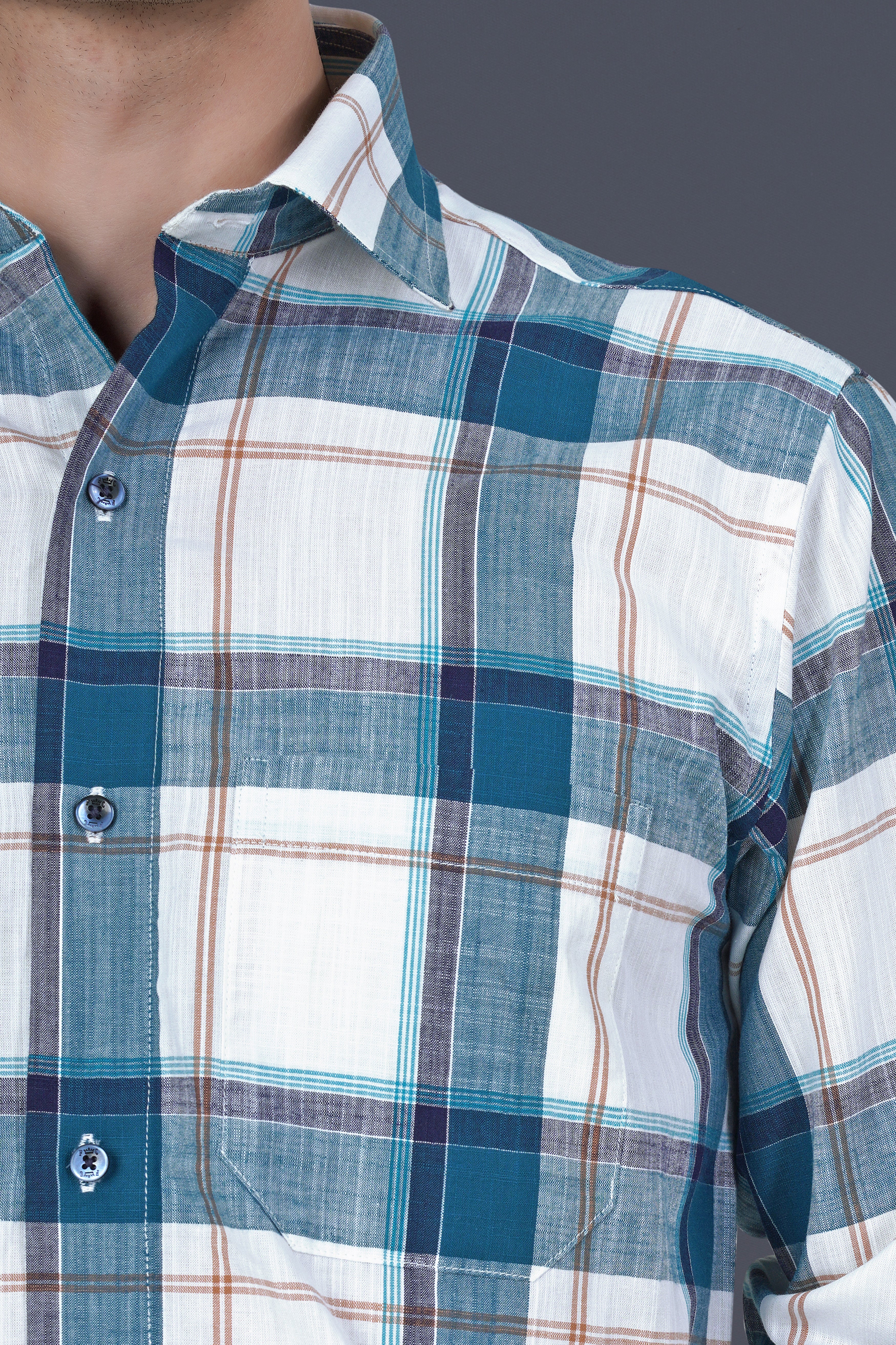 Bright White with Chathams Blue and Desert Brown Plaid Chambray Shirt
