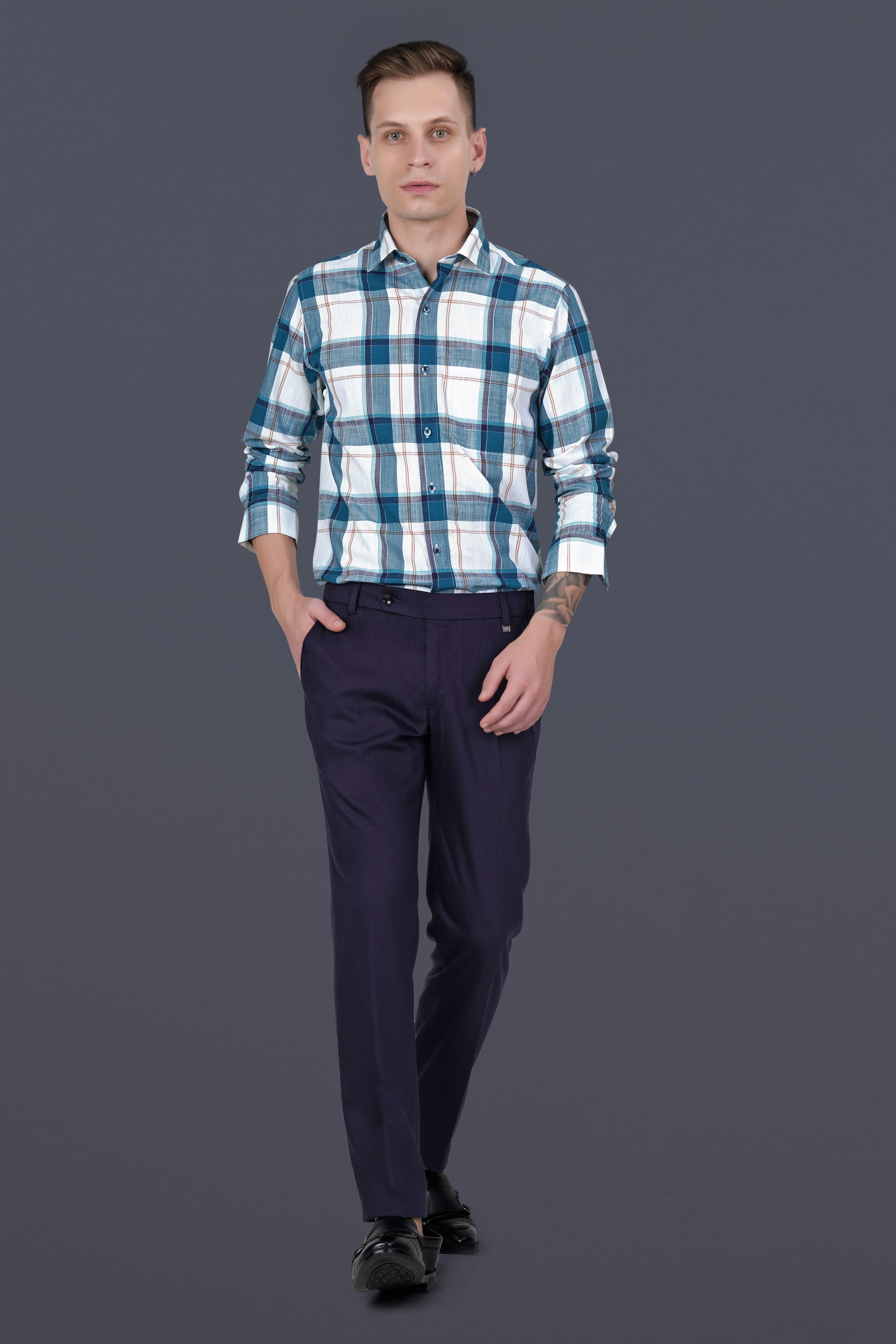 Bright White with Chathams Blue and Desert Brown Plaid Chambray Shirt