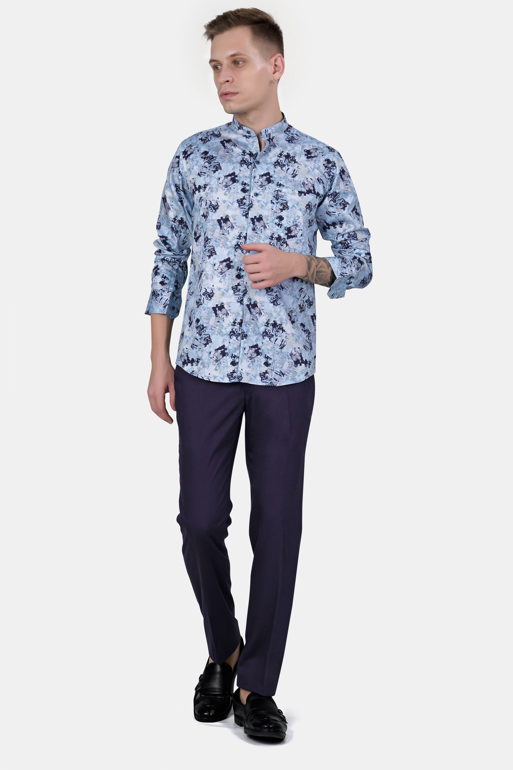Bright White and Downriver Blue Abstract Printed Subtle Sheen Super Soft Premium Cotton Shirt