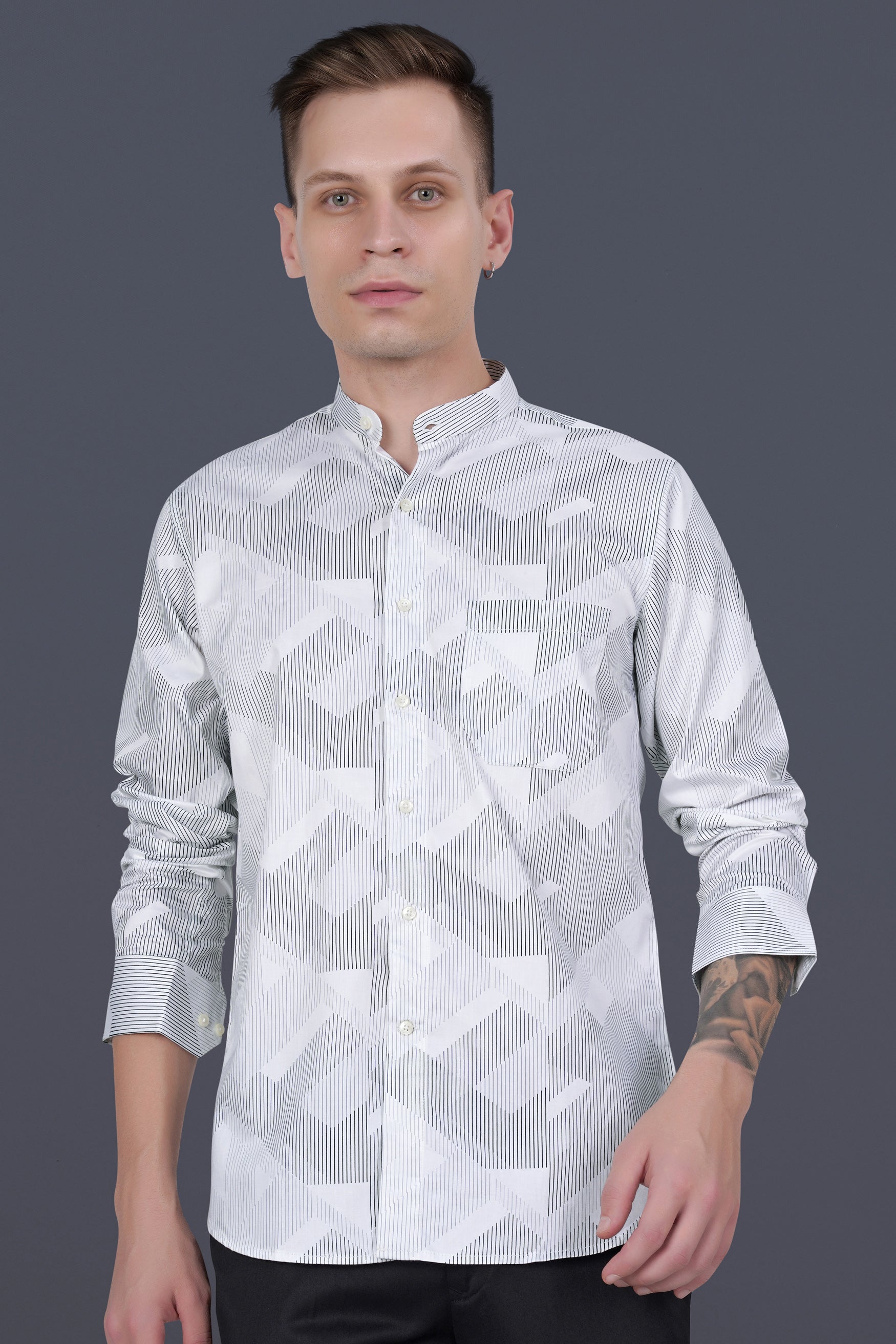 Bright White and Black Abstract Lines Printed Subtle Sheen Super Soft Premium Cotton Shirt