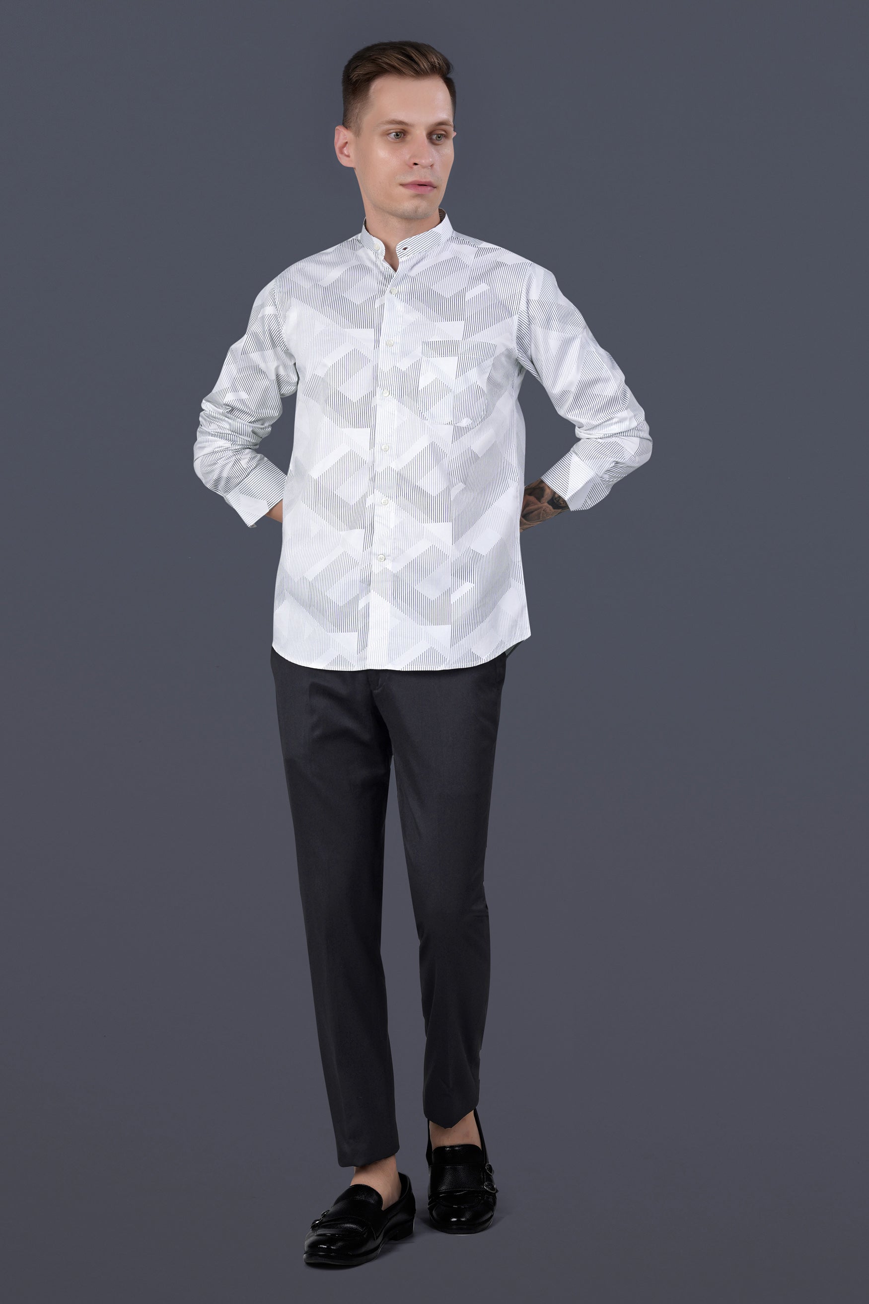 Bright White and Black Abstract Lines Printed Subtle Sheen Super Soft Premium Cotton Shirt