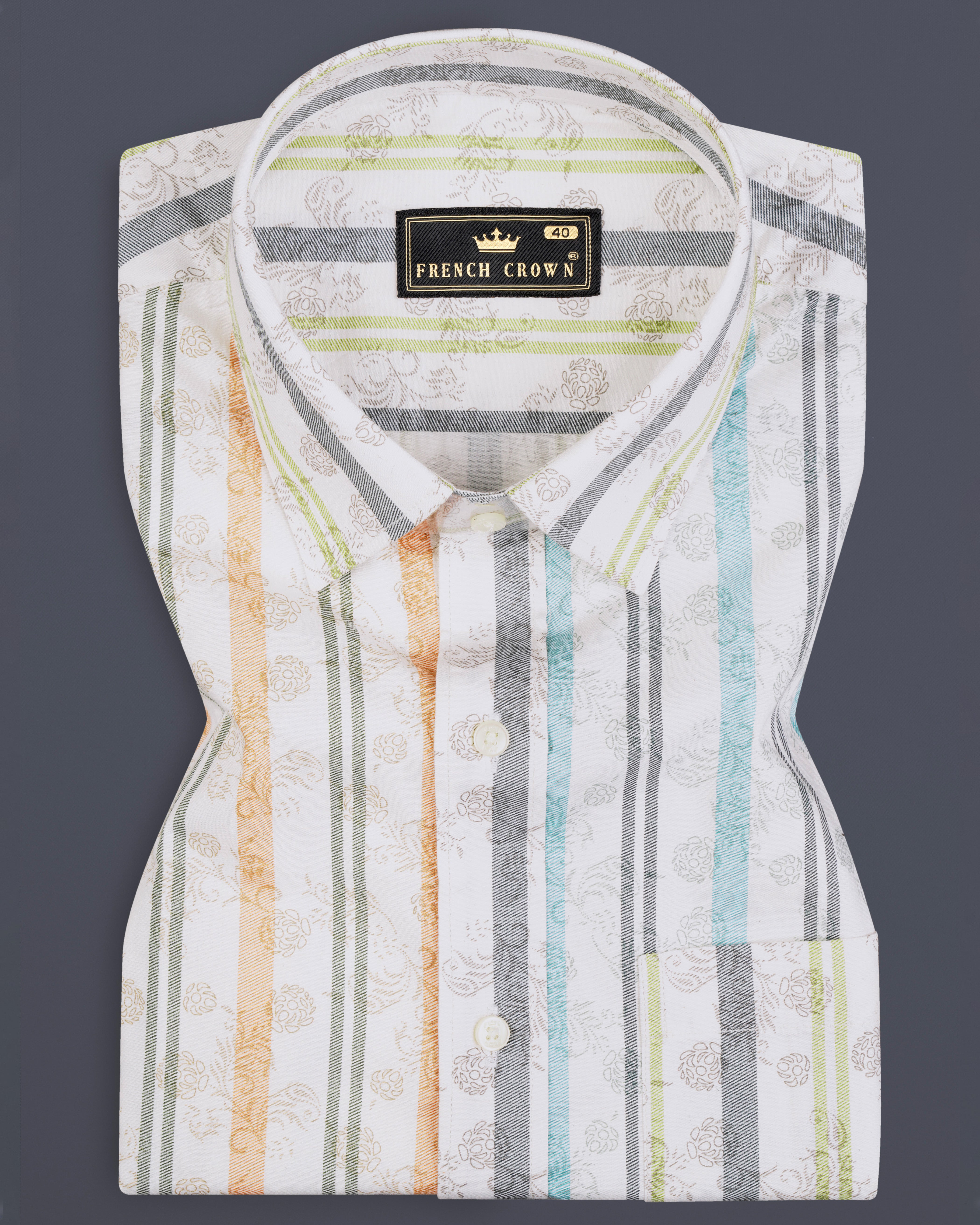 Bright White Multicolour Striped with Floral Printed Subtle Sheen Super Soft Premium Cotton Designer Shirt
