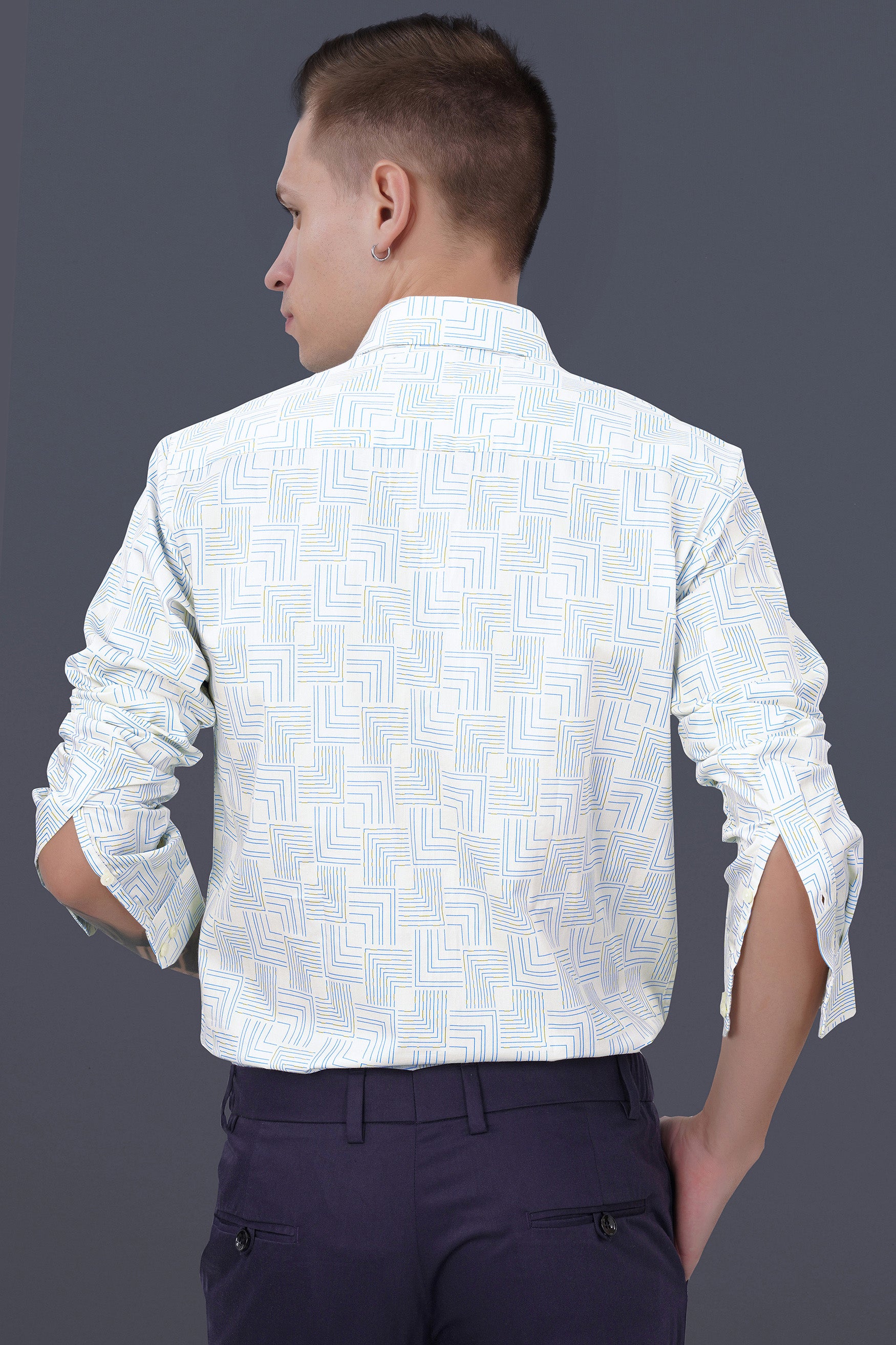 Bright White Abstract Lines Printed Subtle Sheen Super Soft Premium Cotton Shirt