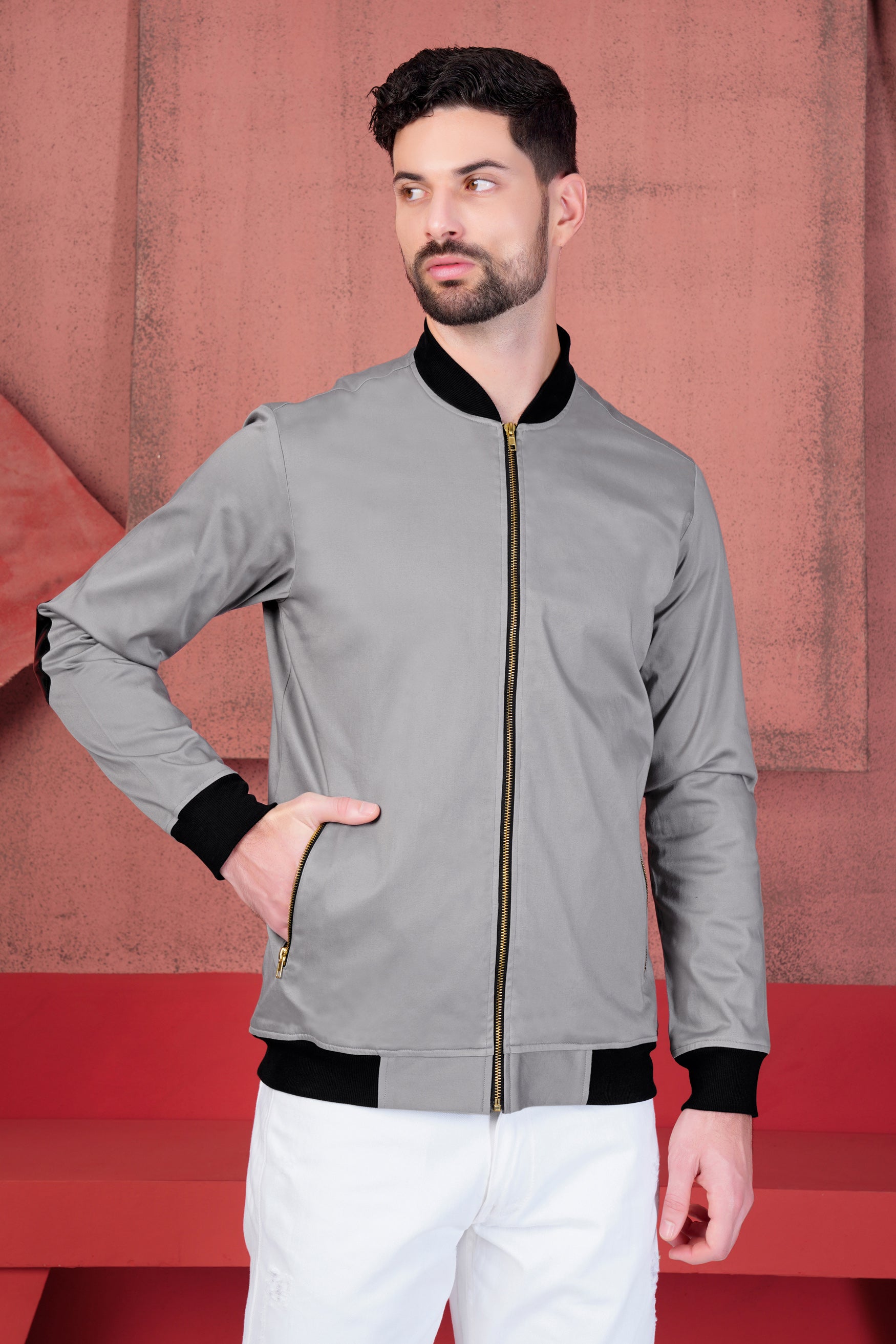 Quartz Gray French Crown Patchwork Premium Cotton Designer Bomber Jacket