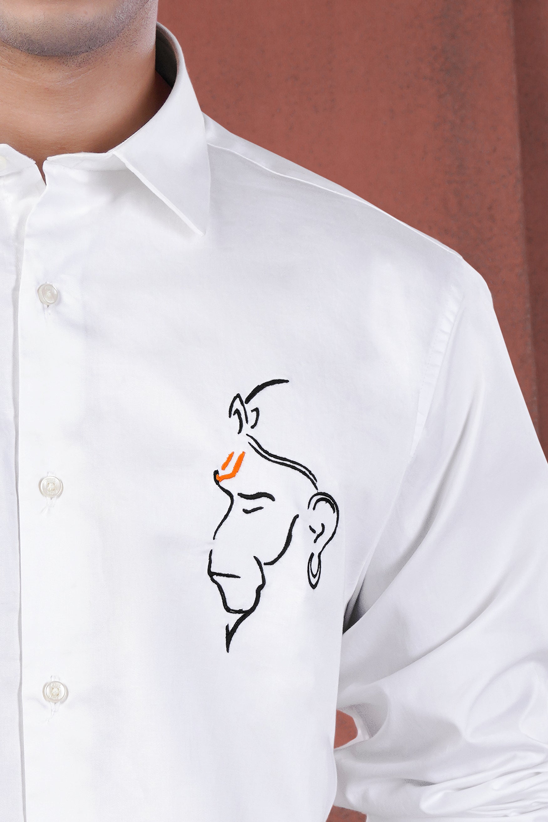 Bright White Lord Hanuman Embroidered Premium Cotton Designer Shirt