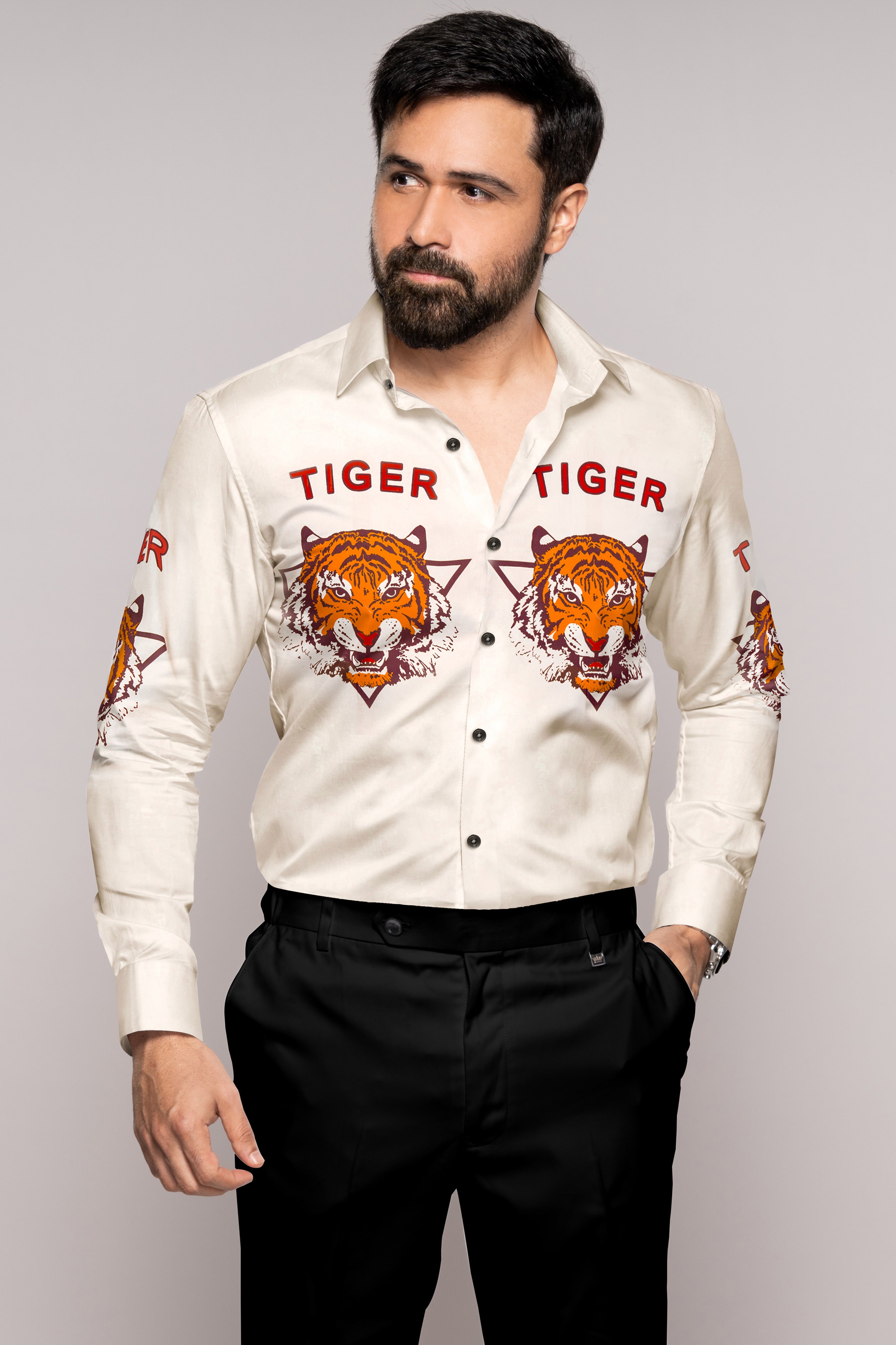 Bianca Cream with Cedar Brown and Tahiti Orange Tigers Printed Subtle Sheen Super Soft Premium Cotton Designer Shirt