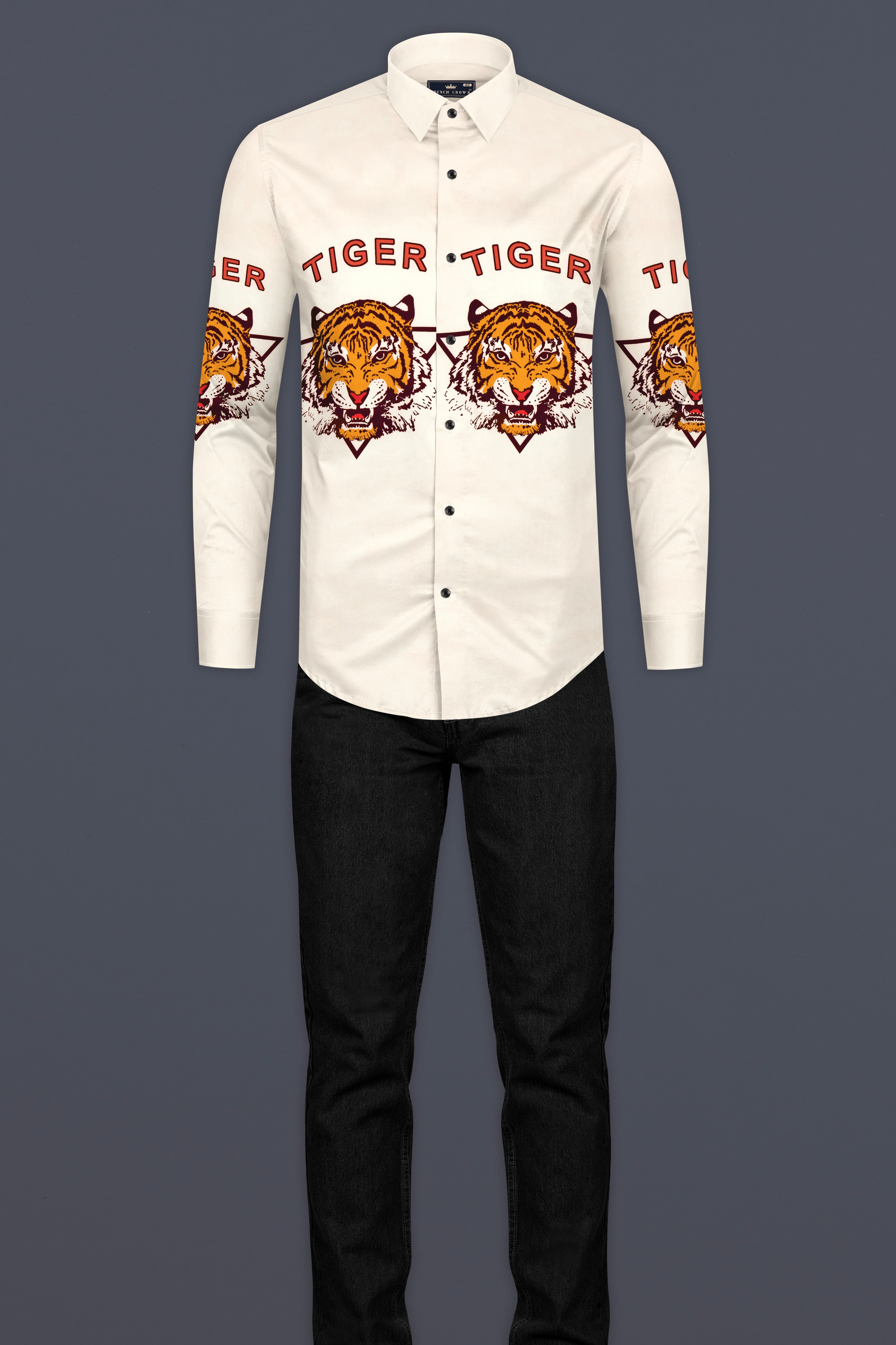 Bianca Cream with Cedar Brown and Tahiti Orange Tigers Printed Subtle Sheen Super Soft Premium Cotton Designer Shirt