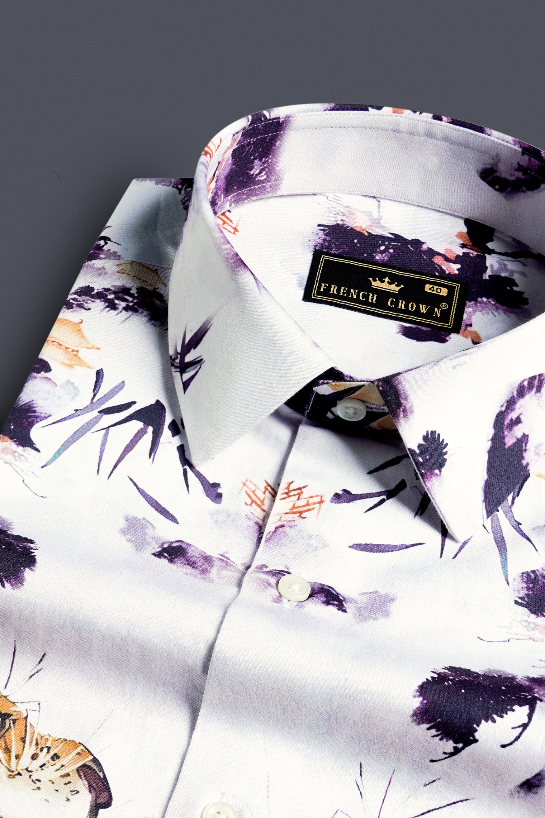 Bright White with Regalia Purple and Tangerine Orange Tigers and Trees Printed Subtle Sheen Super Soft Premium Cotton Designer Shirt