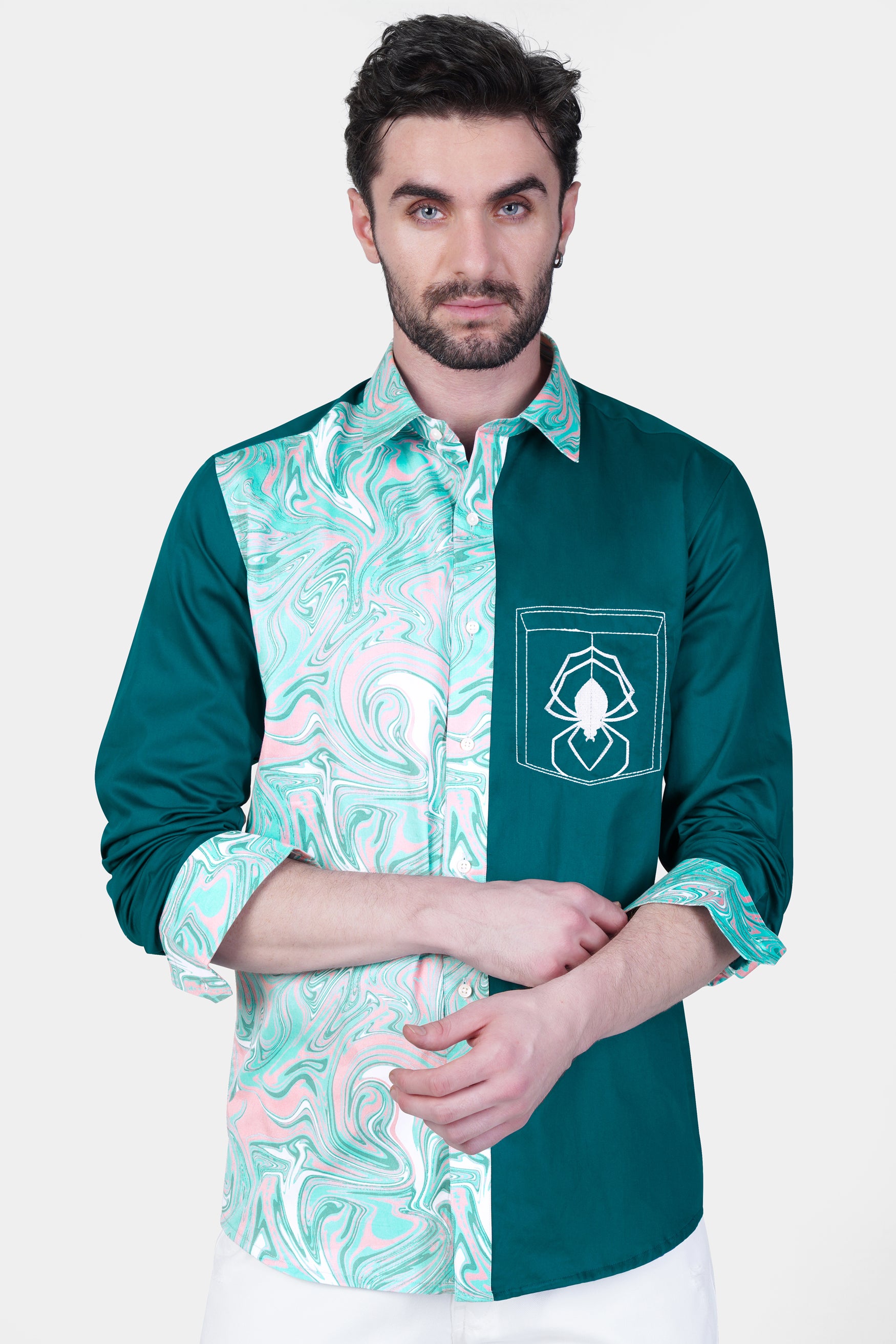 Teal Green Spider and Tiger Embroidered with Blizzard Blue and Cavern Pink Marble Printed Subtle Sheen Super Soft Premium Cotton Designer Shirt 11949-E326-38, 11949-E326-H-38, 11949-E326-39, 11949-E326-H-39, 11949-E326-40, 11949-E326-H-40, 11949-E326-42, 11949-E326-H-42, 11949-E326-44, 11949-E326-H-44, 11949-E326-46, 11949-E326-H-46, 11949-E326-48, 11949-E326-H-48, 11949-E326-50, 11949-E326-H-50, 11949-E326-52, 11949-E326-H-52