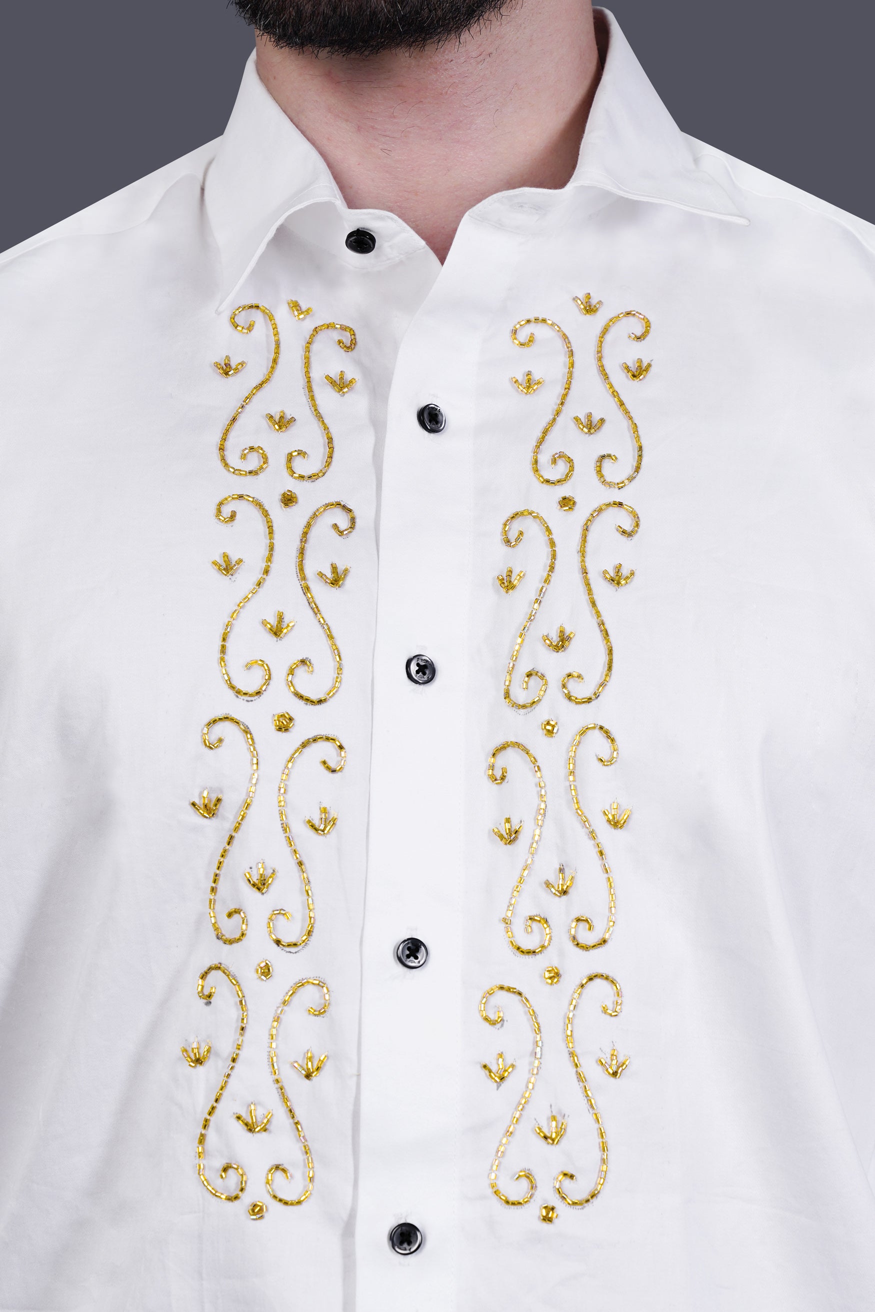 Bright White Curvy Lines Beads Handwork Subtle Sheen Super Soft Premium Cotton Designer Shirt