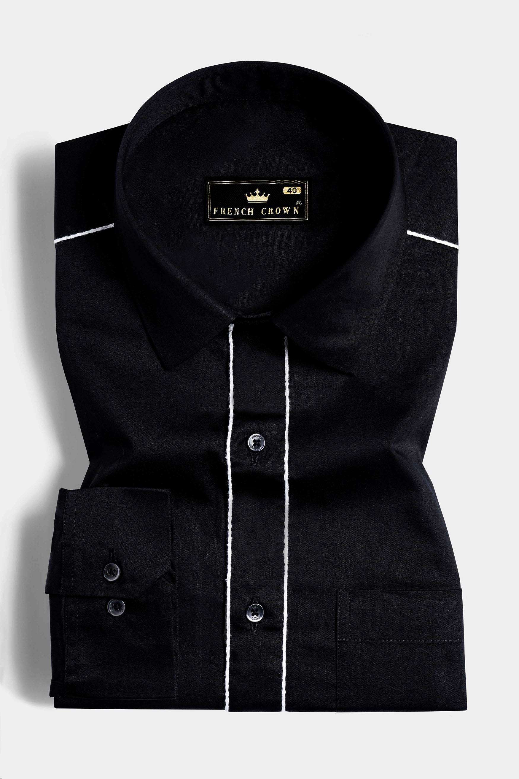 Jade Black with White Piping Work Subtle Sheen Super Soft Premium Cotton Designer Shirt