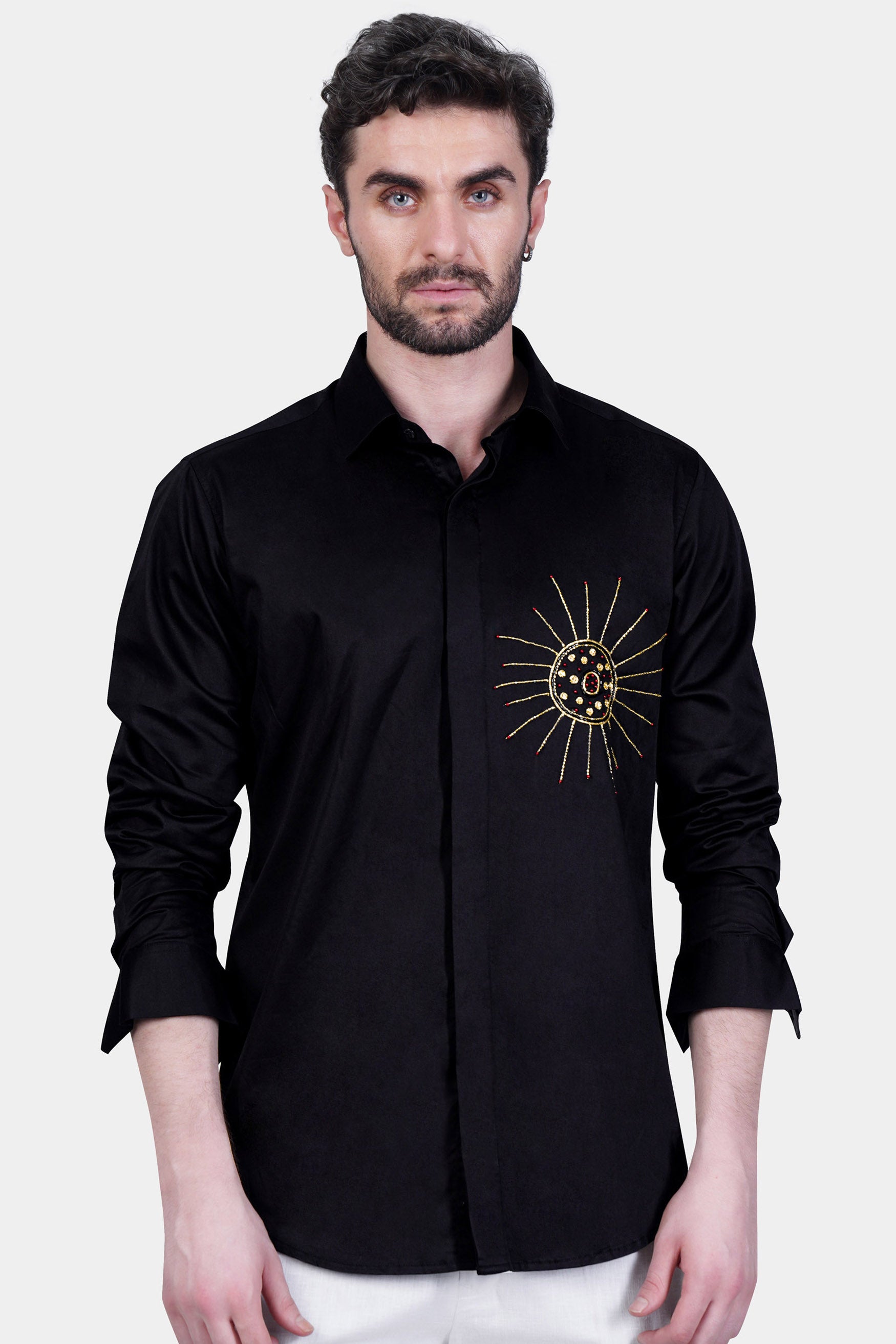 Jade Black Sun Handwork Subtle Sheen Super Soft Premium Cotton Designer Shirt