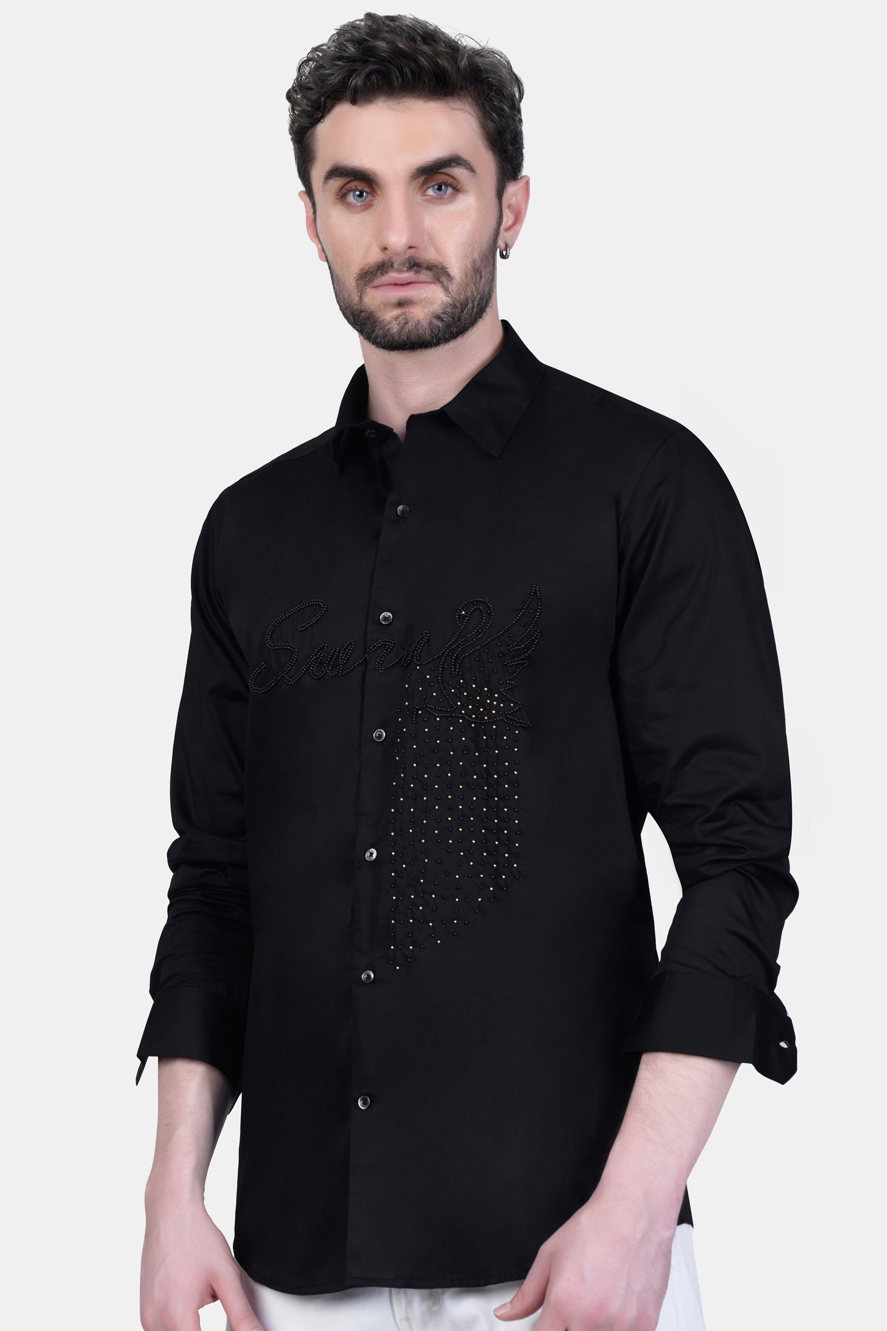 Jade Black Moti Work Subtle Sheen Super Soft Premium Cotton Designer Shirt