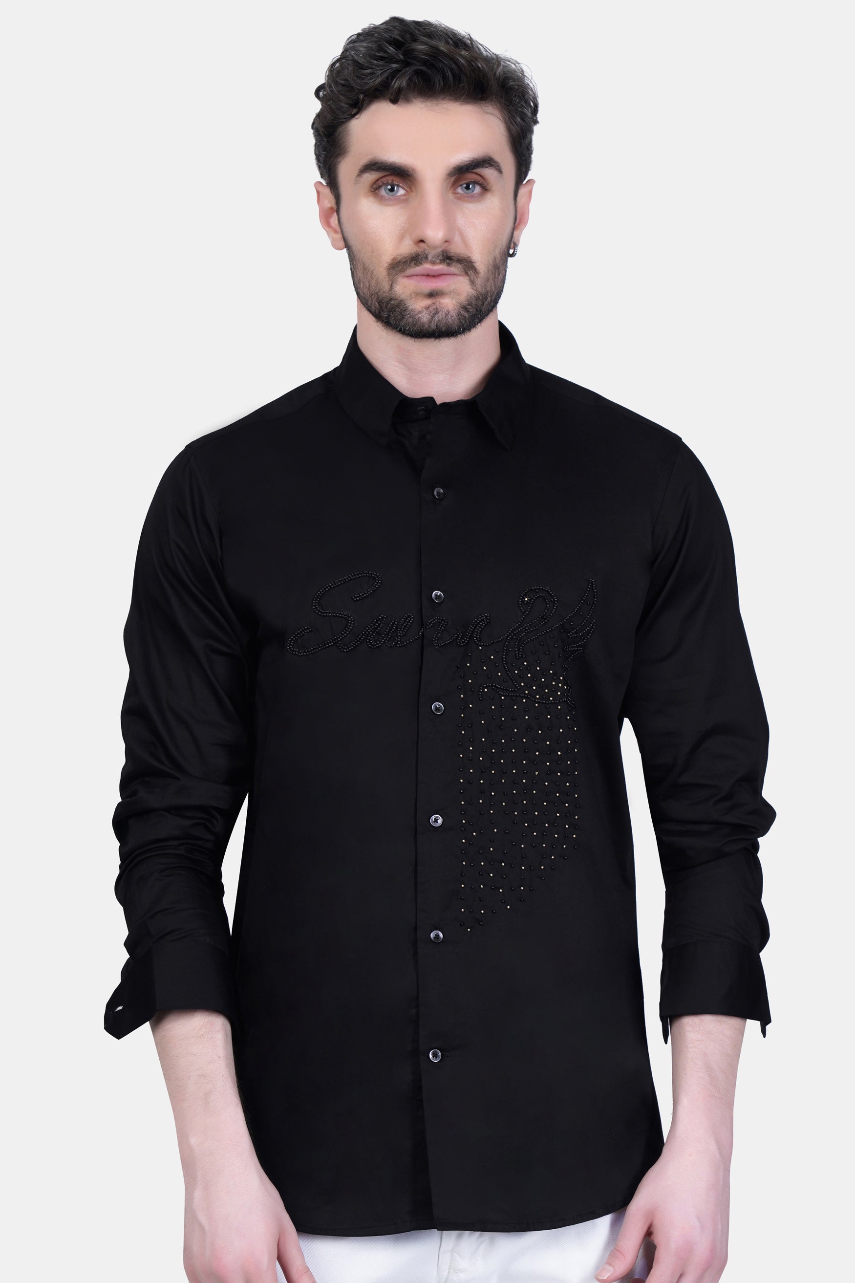 Jade Black Moti Work Subtle Sheen Super Soft Premium Cotton Designer Shirt