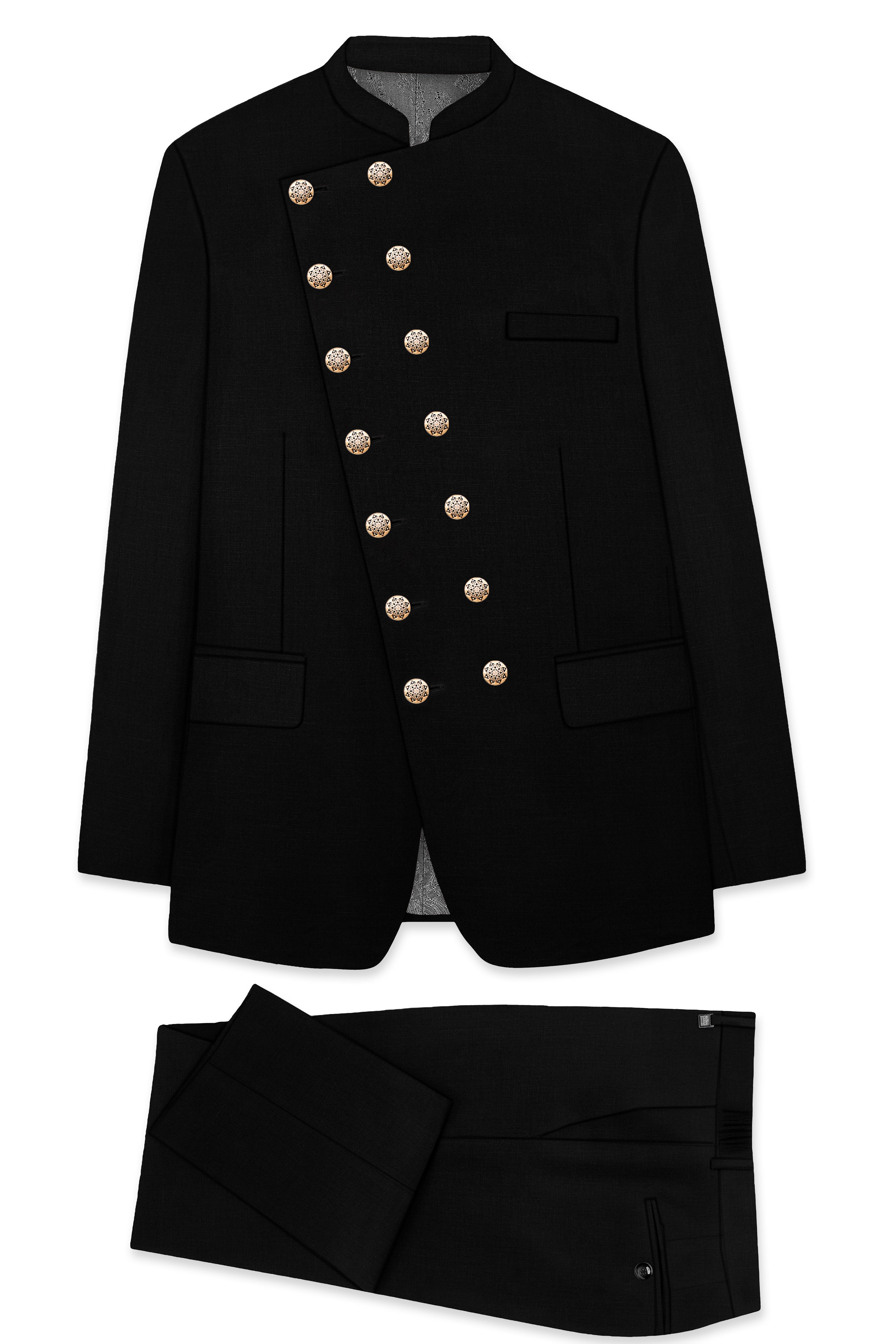 Jade Black Stretchable Subtle Sheen Cross Placket Double Closure Bandhgala/Mandarin Suit