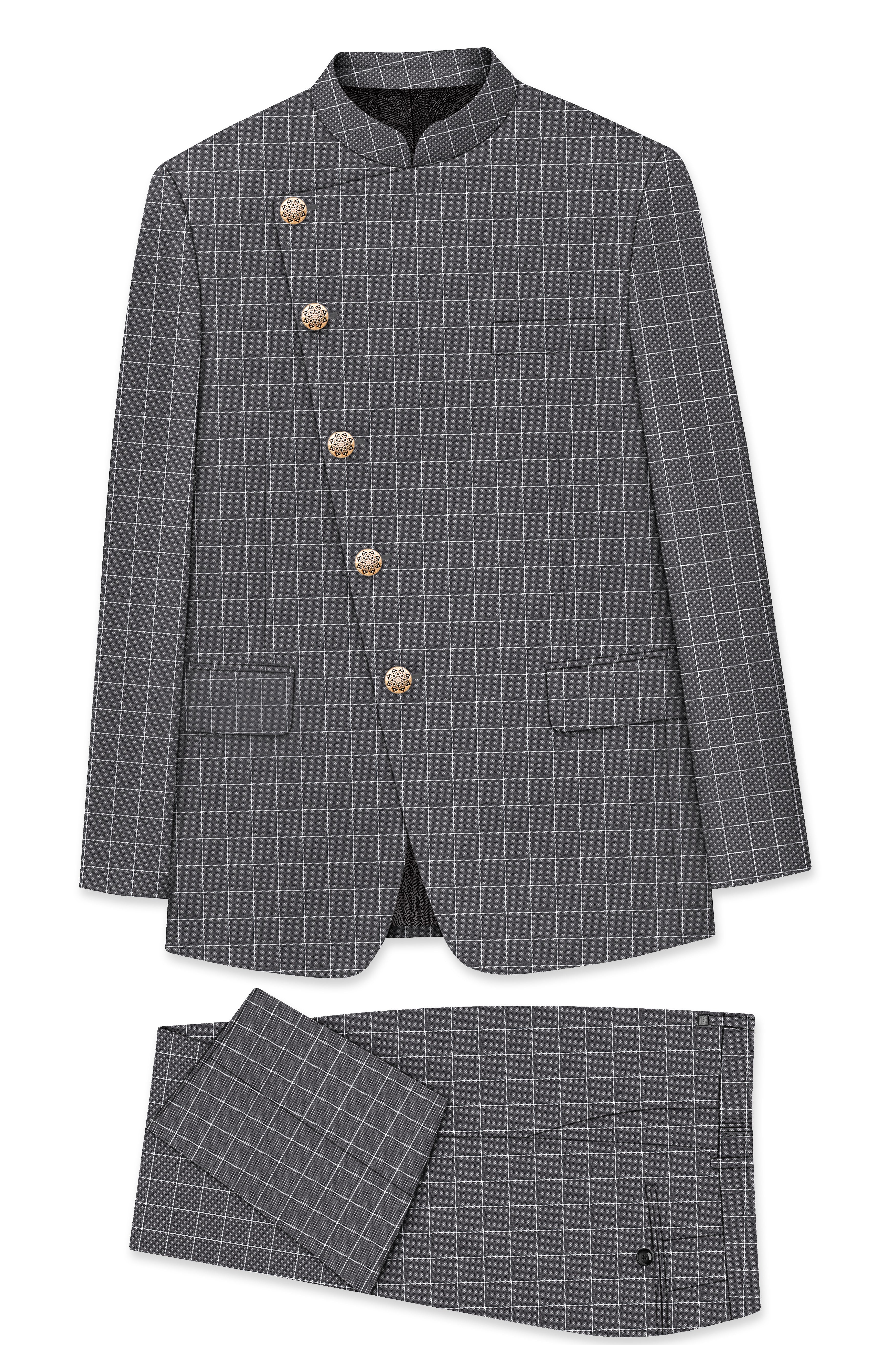 Mortar Gray Checkered Cross Placket Bandhgala Suit