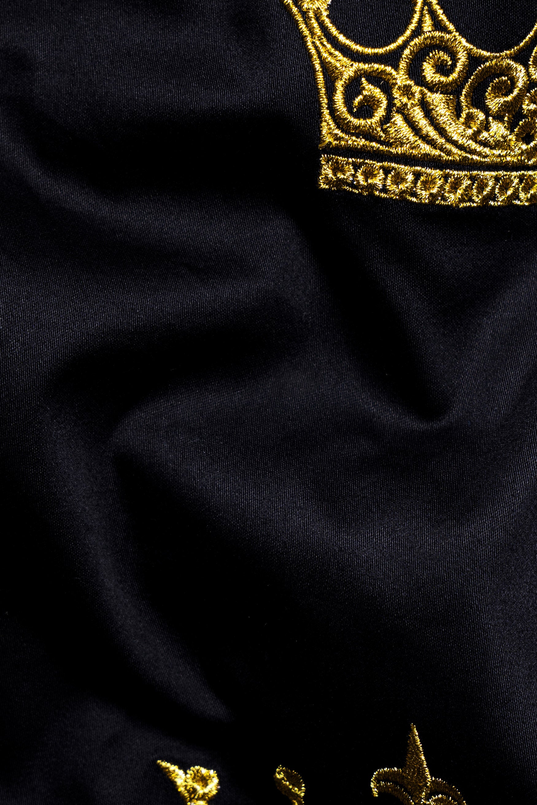 Jade Black Crowns Embroidered Subtle Sheen Super Soft Premium Cotton Designer Shirt