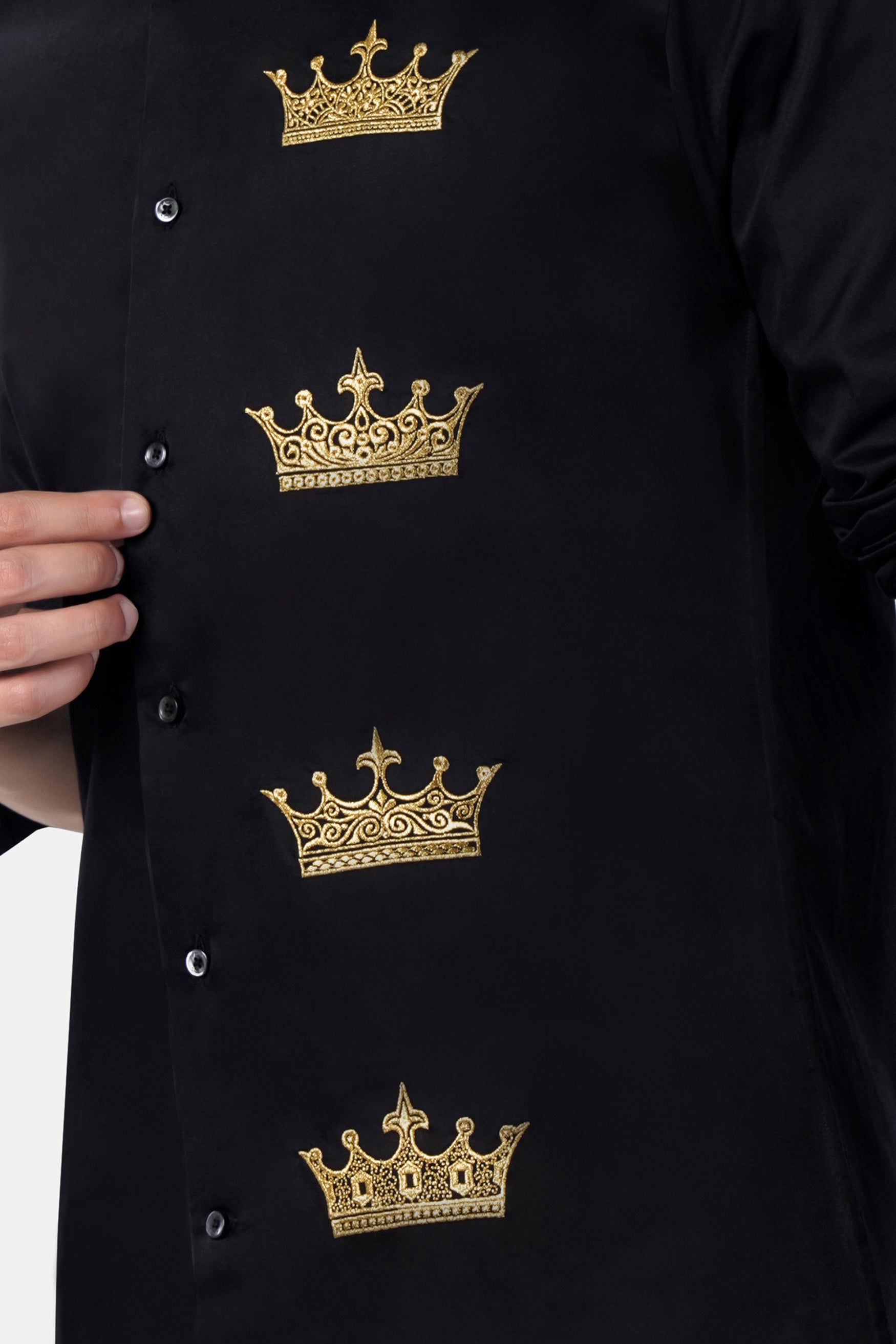 Jade Black Crowns Embroidered Subtle Sheen Super Soft Premium Cotton Designer Shirt