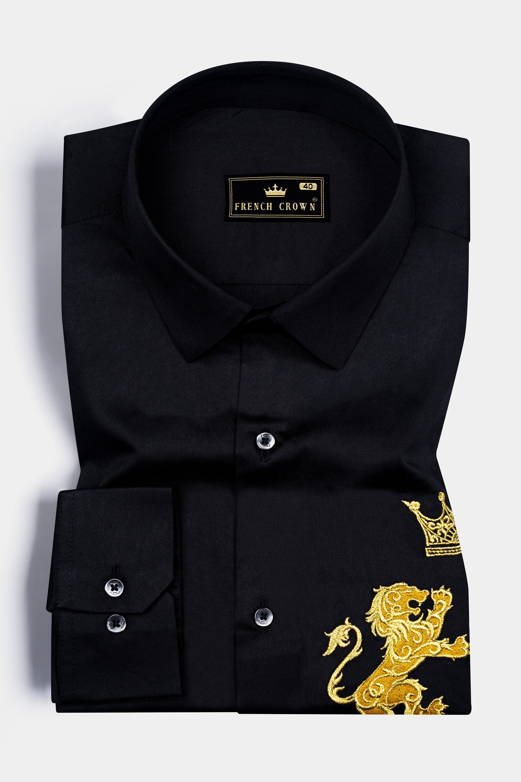 Jade Black French Crown Embroidered Subtle Sheen Super Soft Premium Cotton Designer Shirt