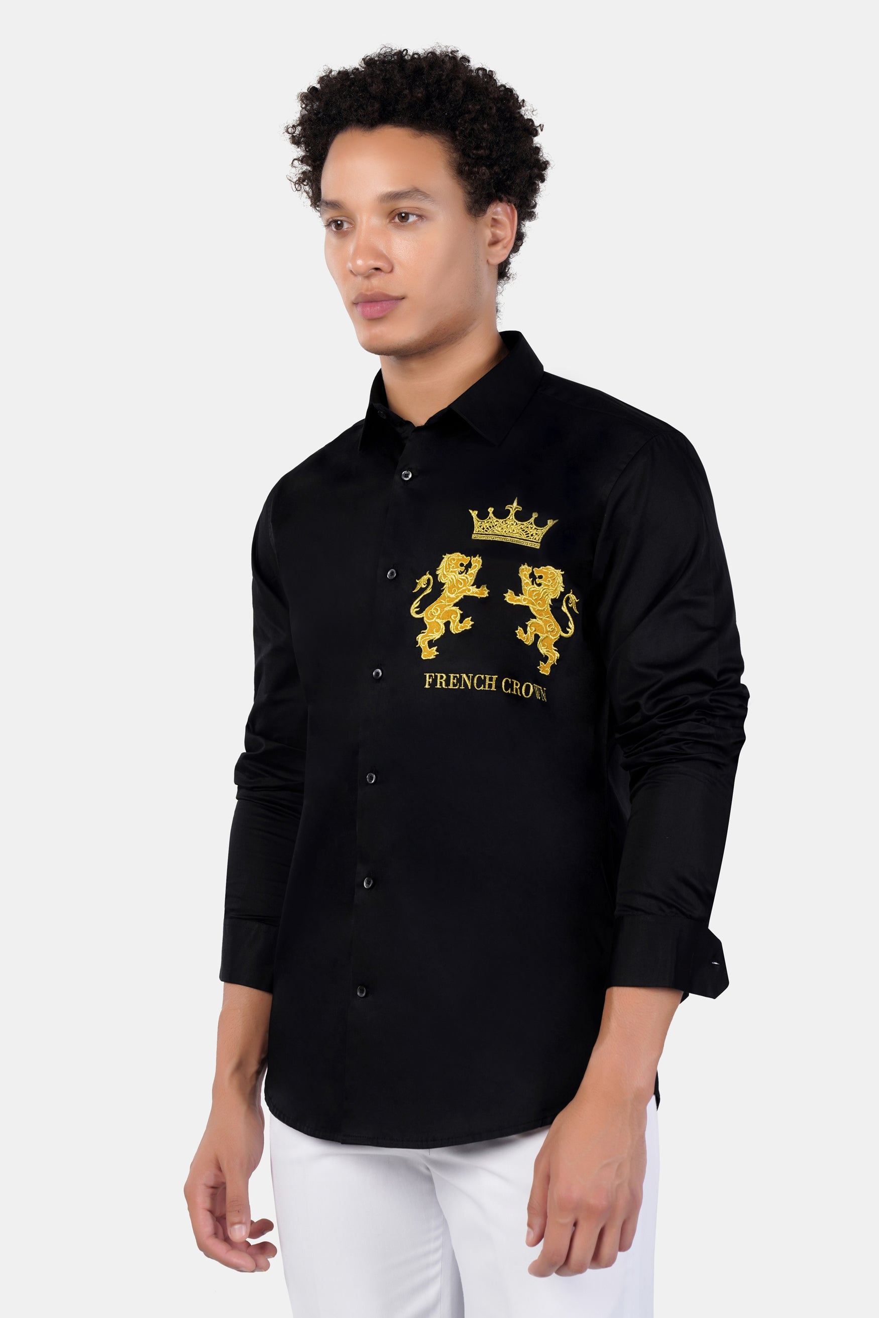 Jade Black French Crown Embroidered Subtle Sheen Super Soft Premium Cotton Designer Shirt