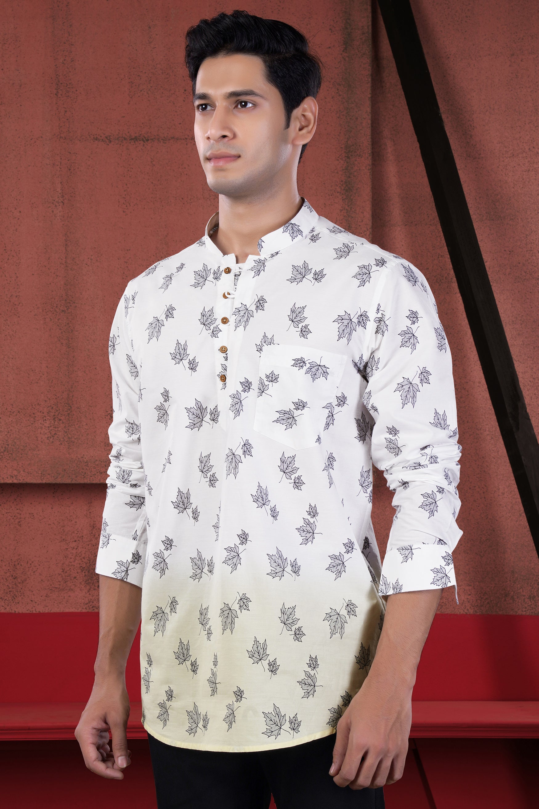 Bright White and Merino Cream Leaves Printed Subtle Sheen Super Soft Premium Cotton Kurta Shirt