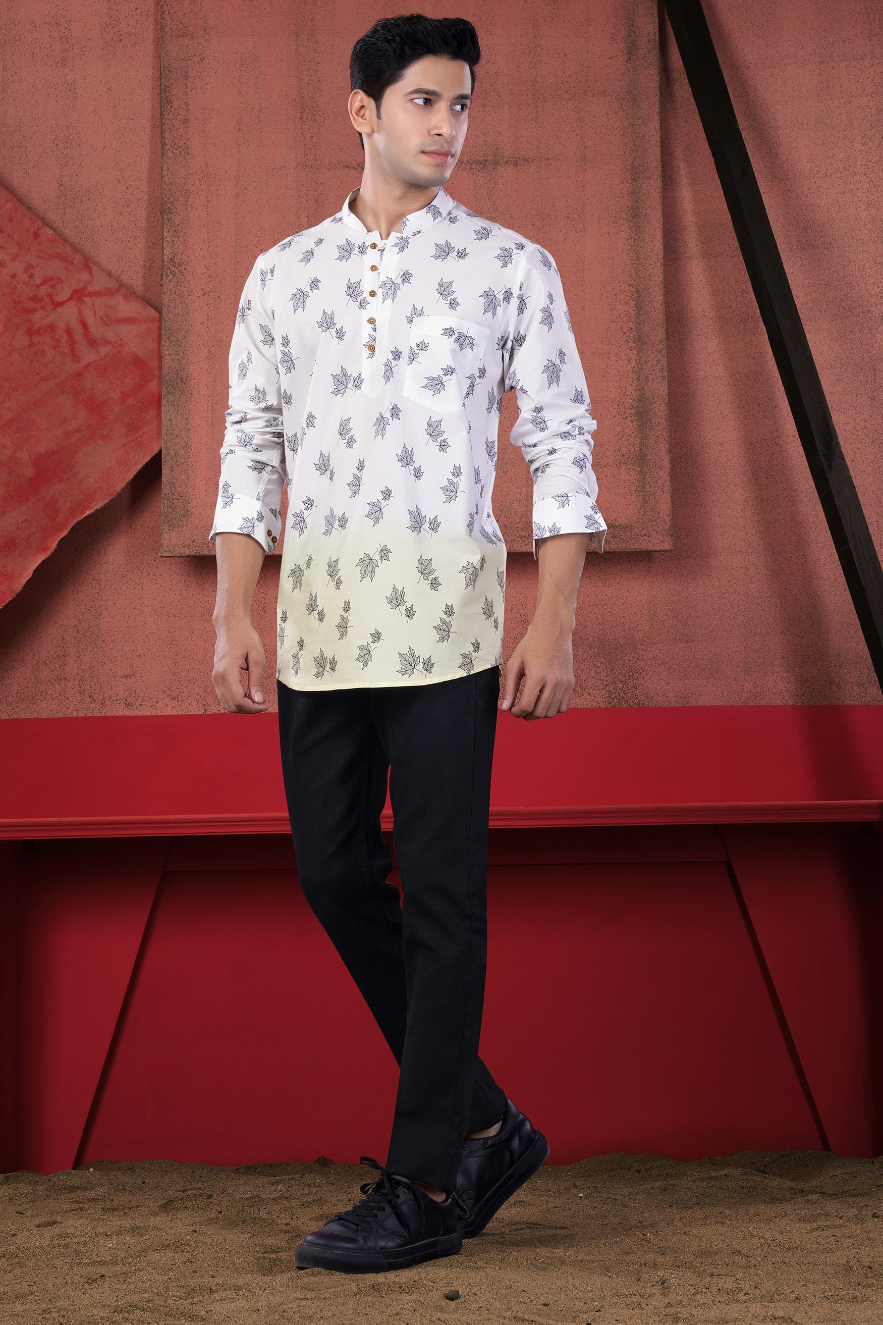 Bright White and Merino Cream Leaves Printed Subtle Sheen Super Soft Premium Cotton Kurta Shirt