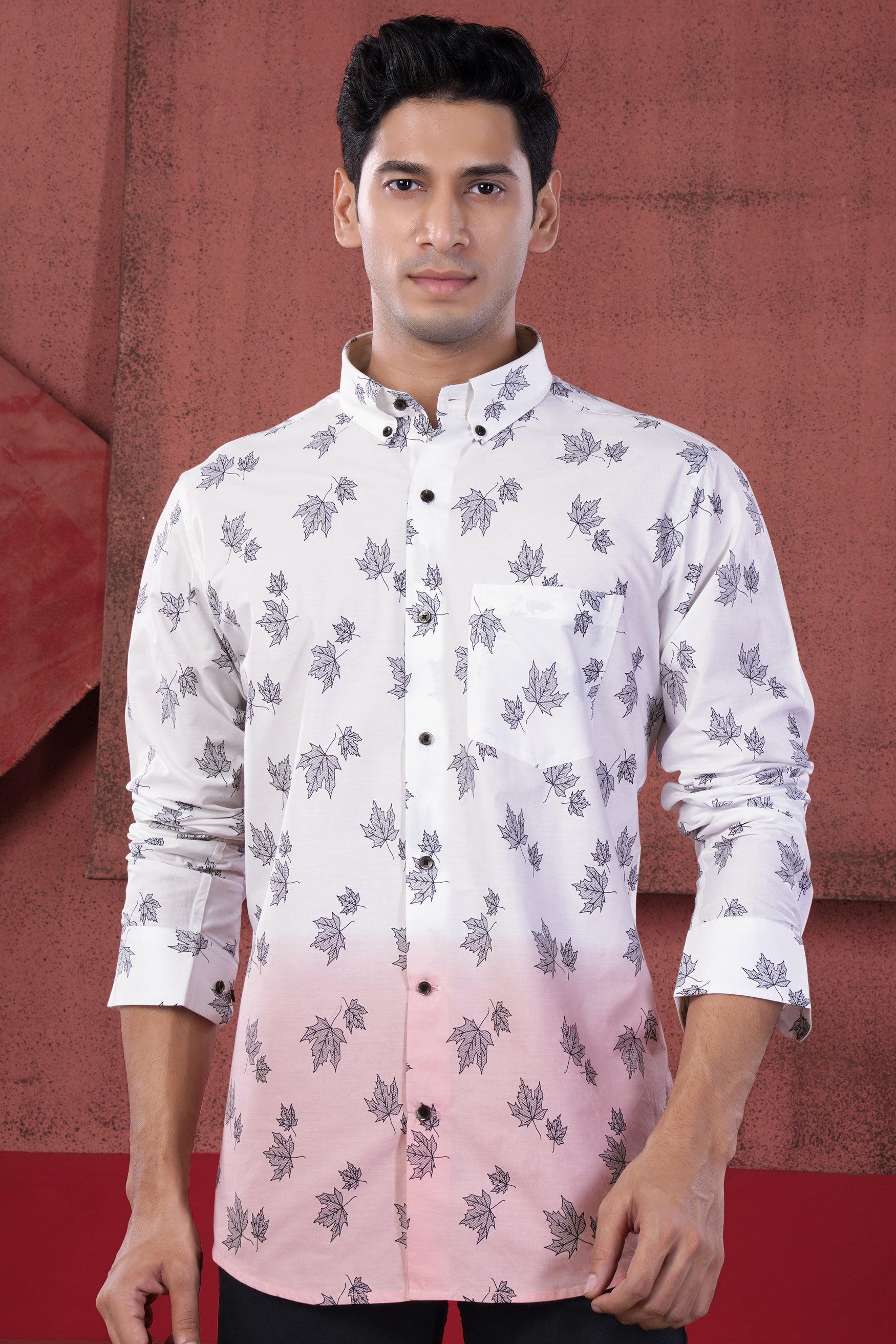 Bright White and Mauve Pink Leaves Printed Subtle Sheen Super Soft Premium Cotton Shirt