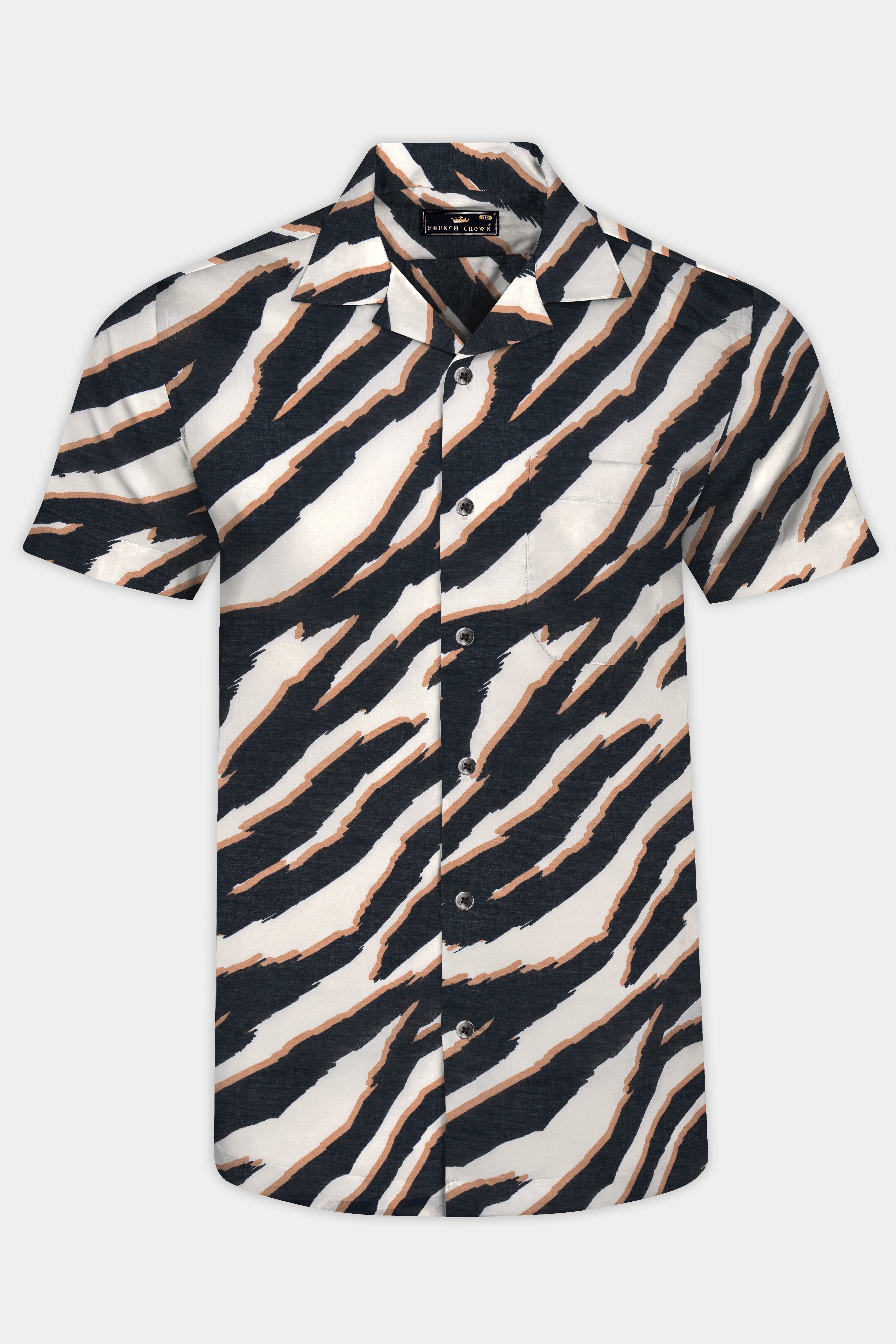 Bright White with  Baltic Black and Taupe Brown Zebra Stripes Printed Premium Tencel Shirt