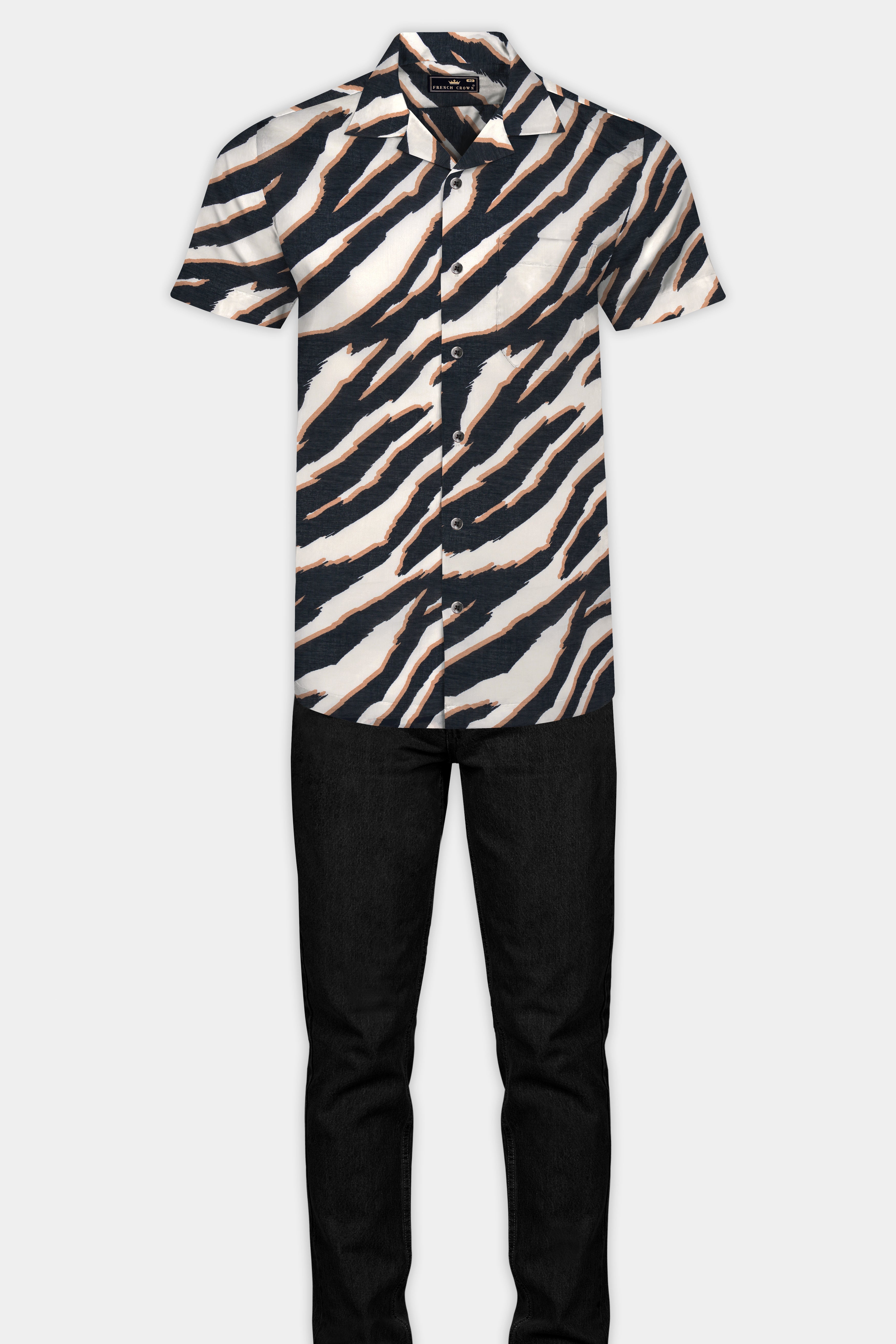 Bright White with  Baltic Black and Taupe Brown Zebra Stripes Printed Premium Tencel Shirt