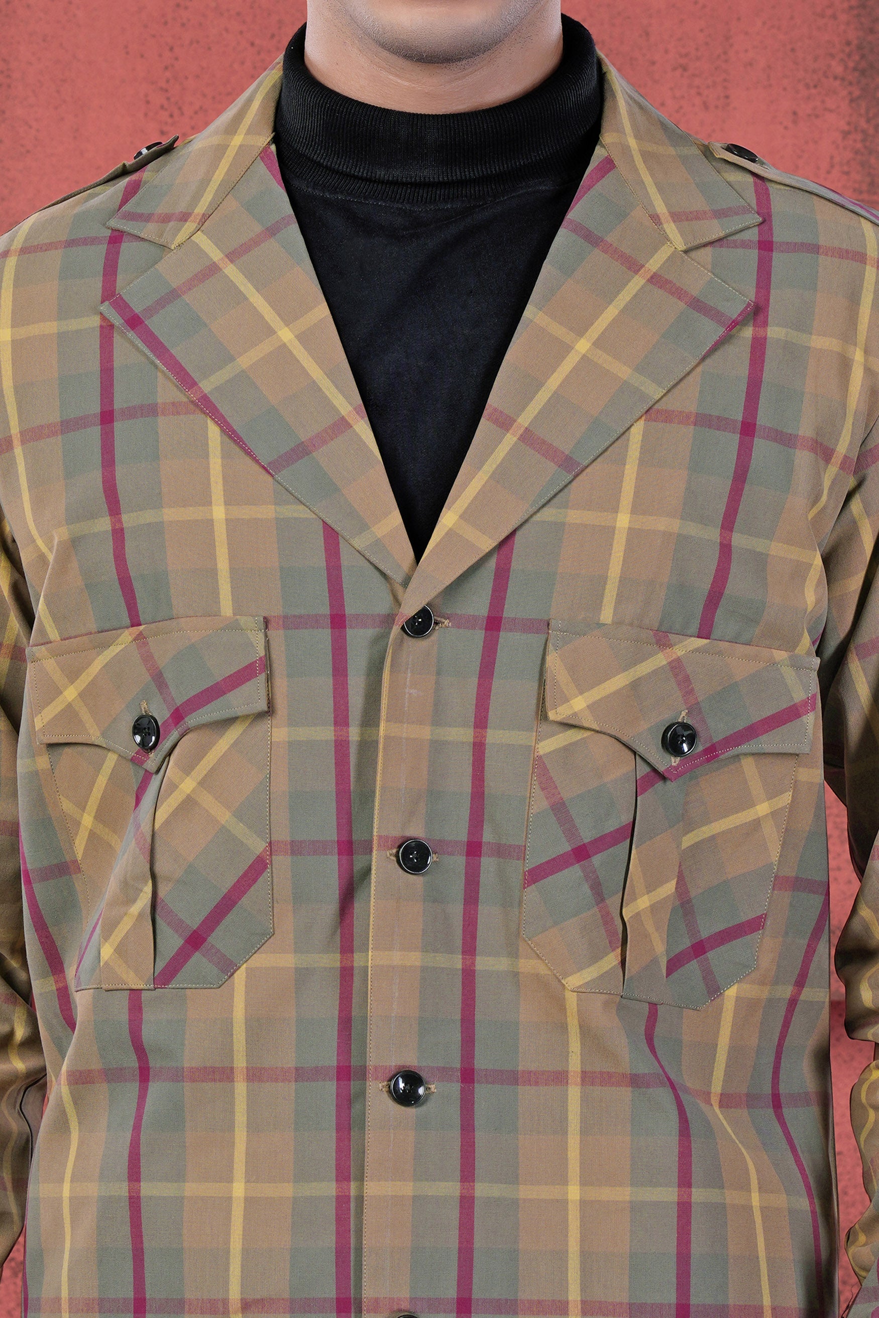 Stone Brown and Raspberry Pink Twill Plaid Premium Cotton Designer Jacket