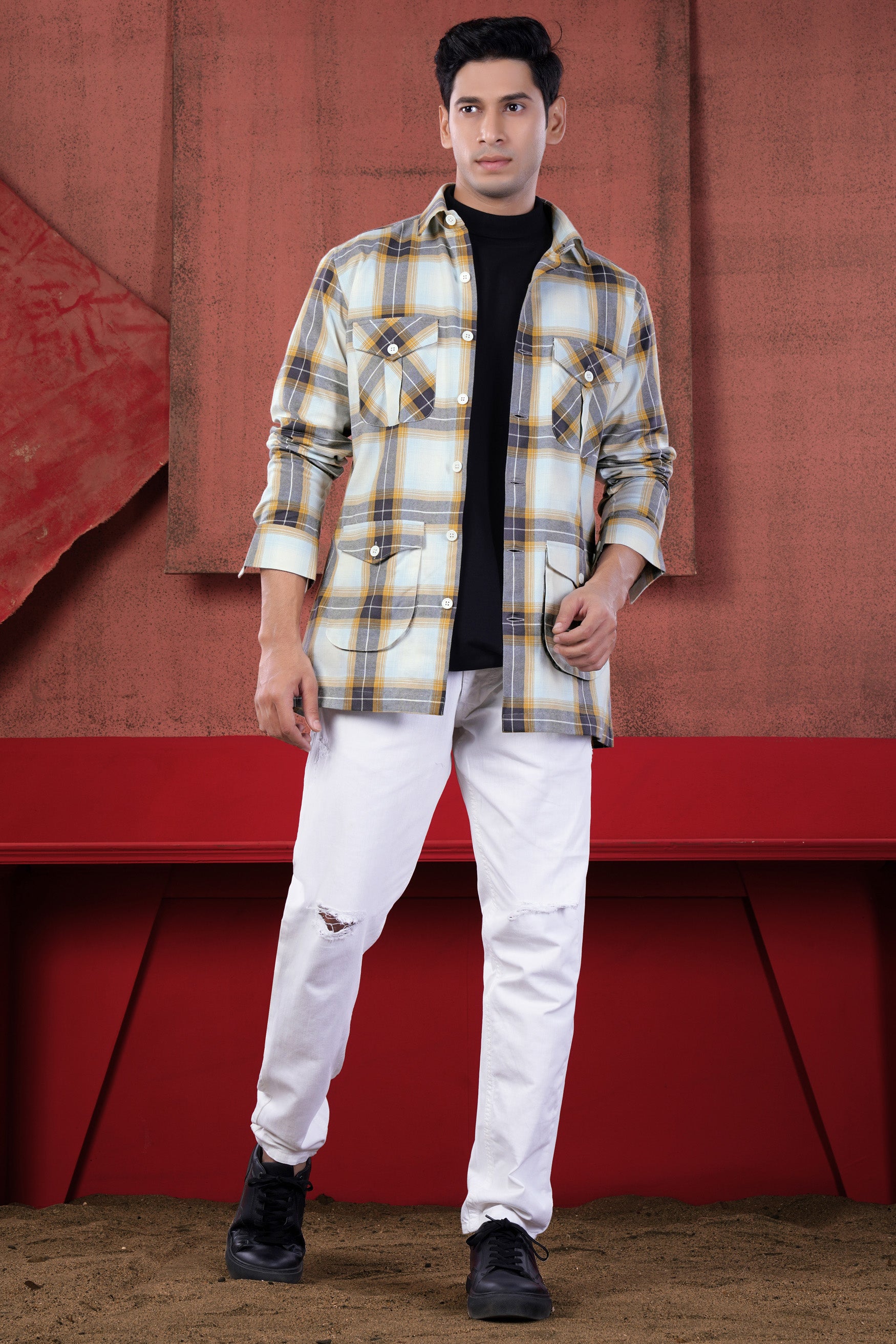 Bright White and Boulder Gray Plaid Twill Premium Cotton Designer Overshirt/Shacket