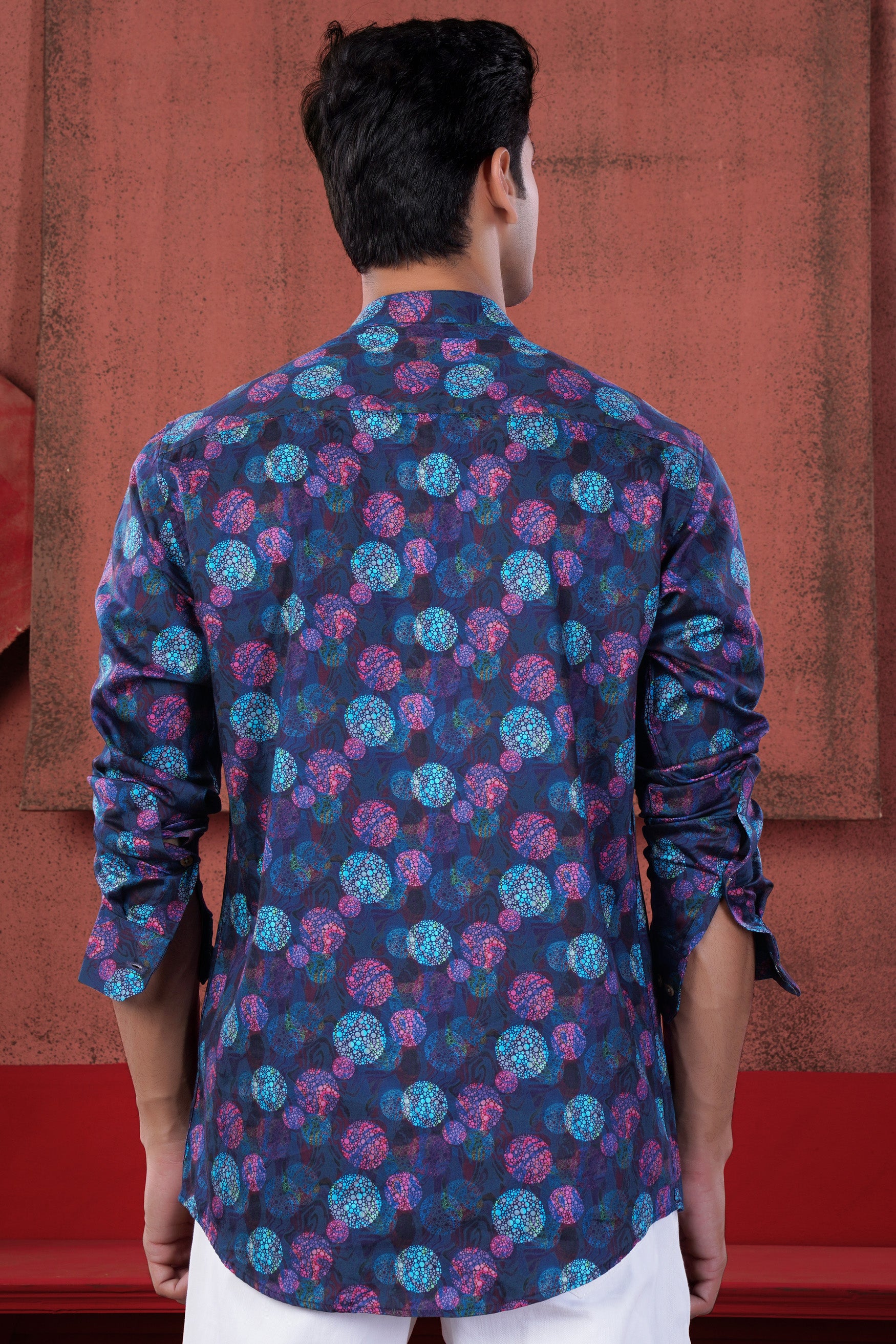 Admiral Blue with Rouge Pink Multicolour Abstract Printed Subtle Sheen Super Soft Premium Cotton Kurta Shirt