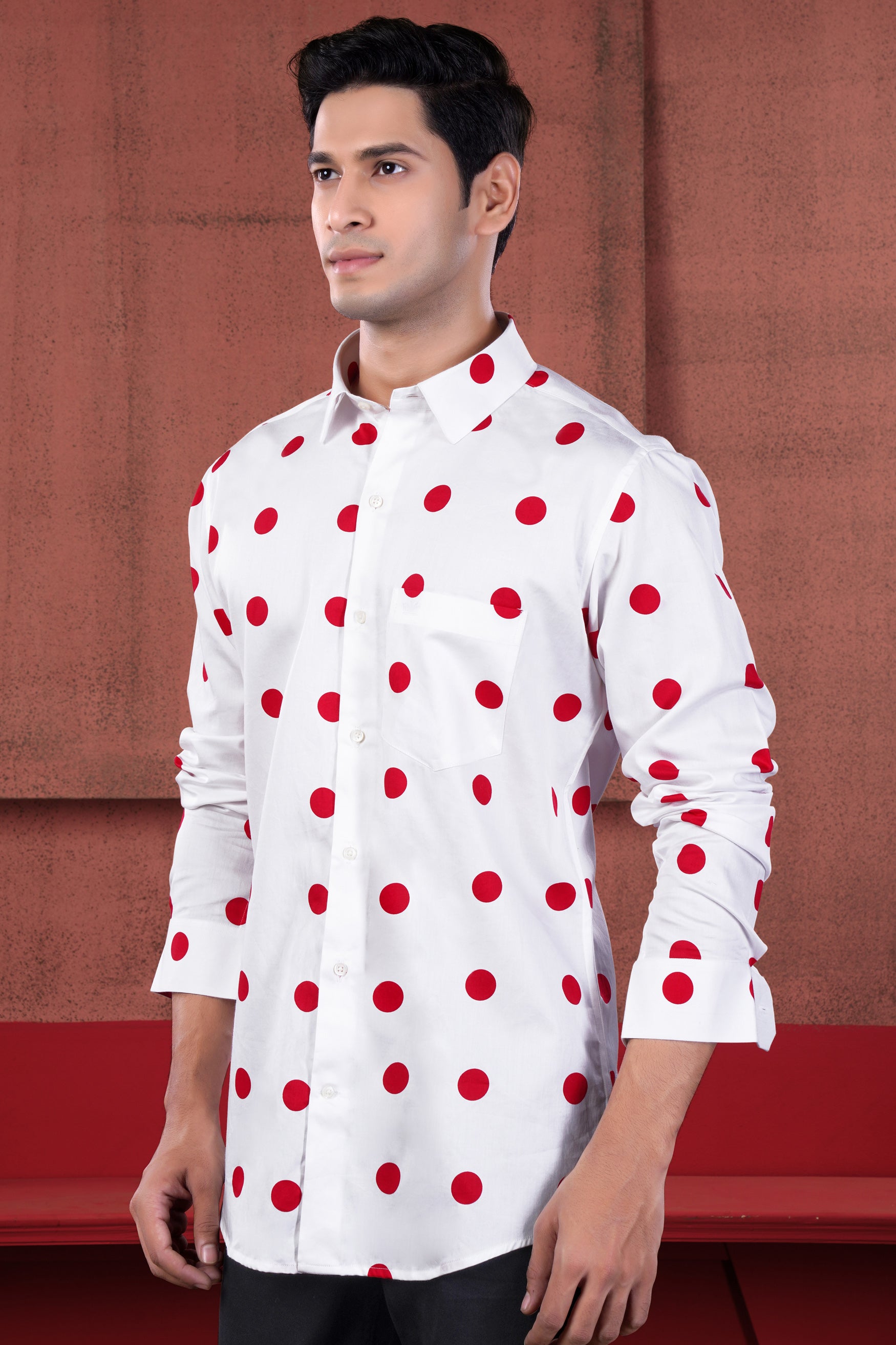 Bright White and Cardinal Red Polka Dotted Subtle Sheen Super Soft Premium Cotton Shirt