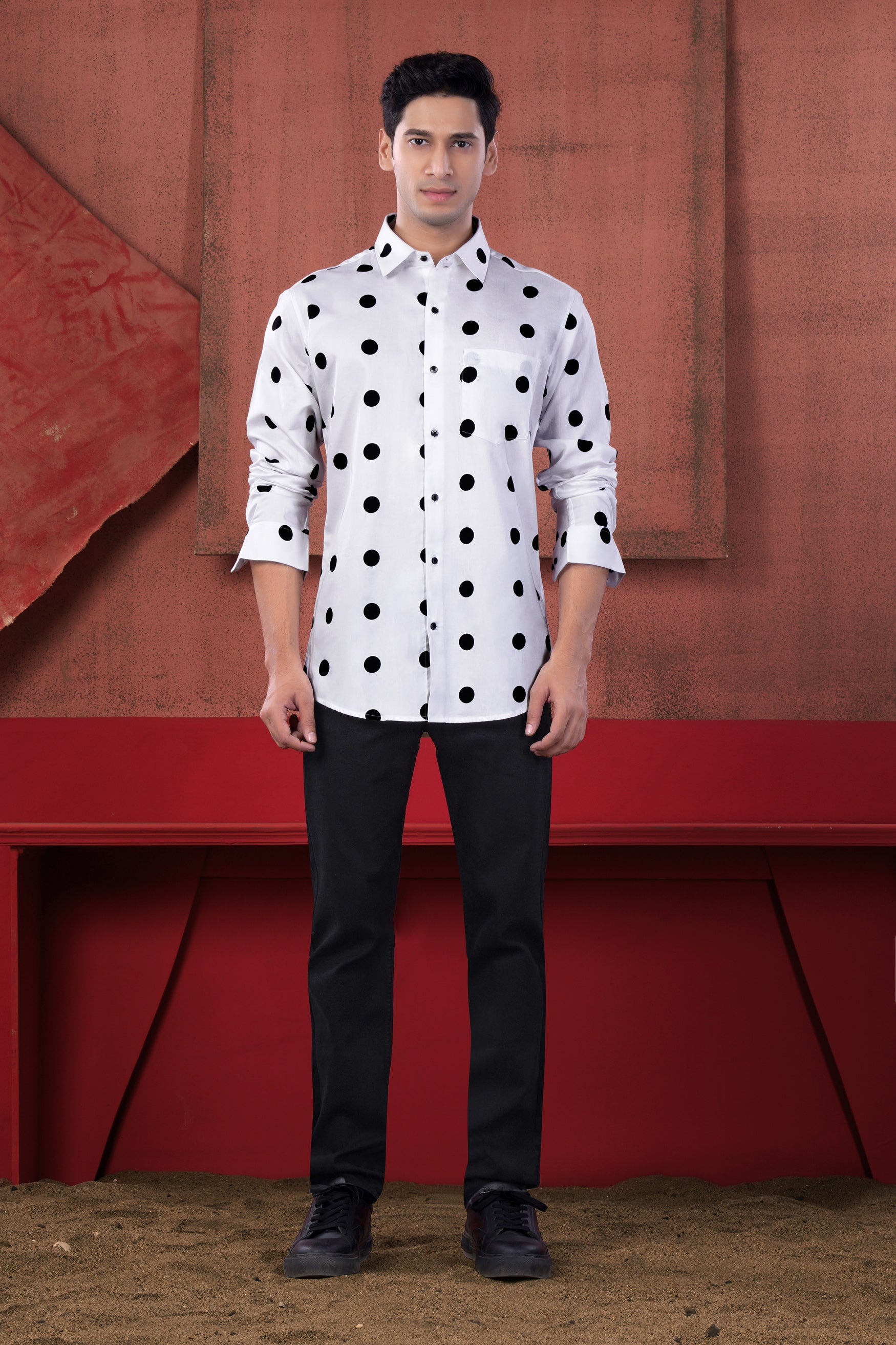 Bright White and Black Polka Dotted Subtle Sheen Super Soft Premium Cotton Shirt