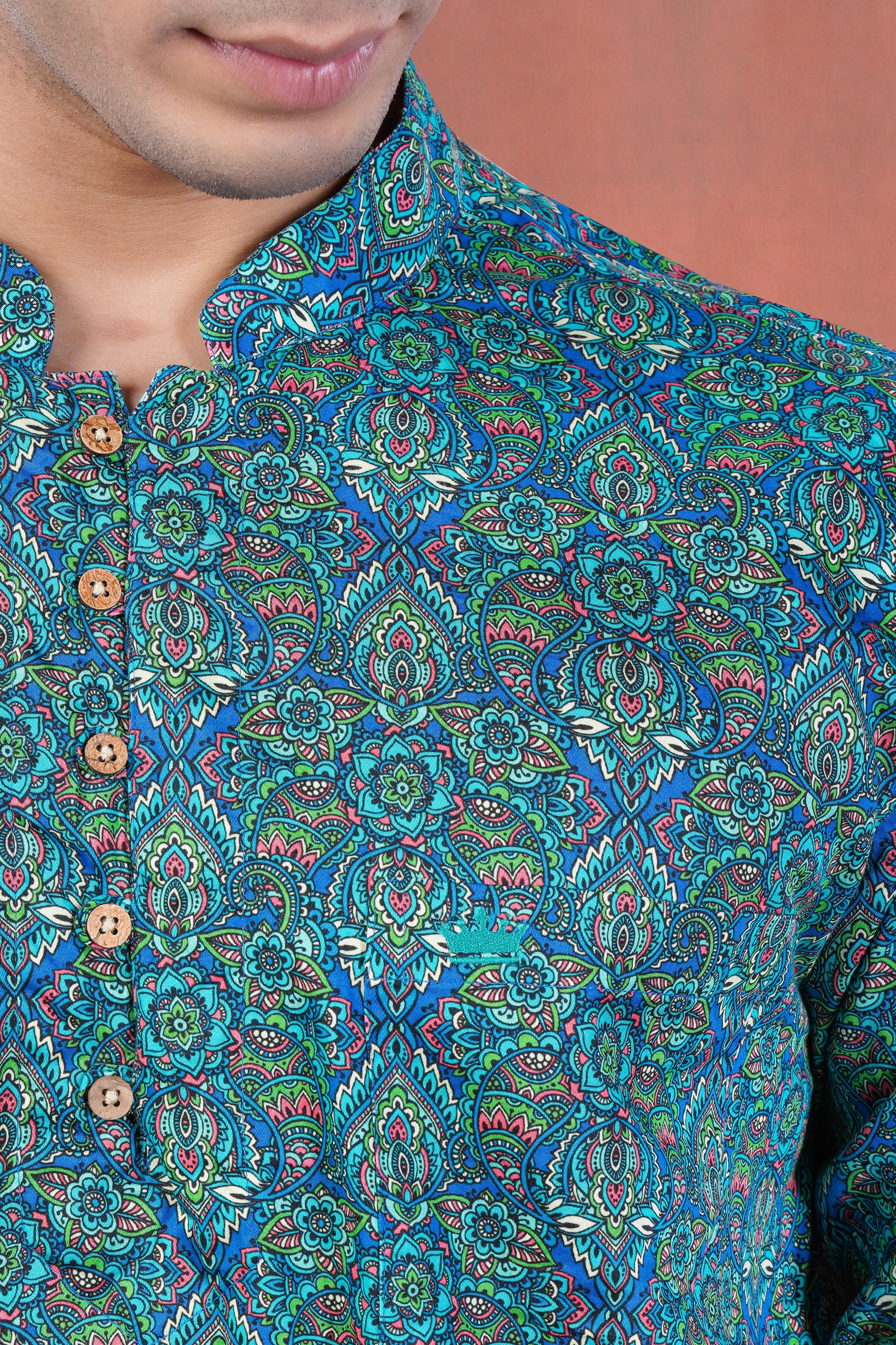 Electric Blue and Parakeet Green Multicolour Floral Printed Subtle Sheen Super Soft Premium Cotton Kurta Shirt