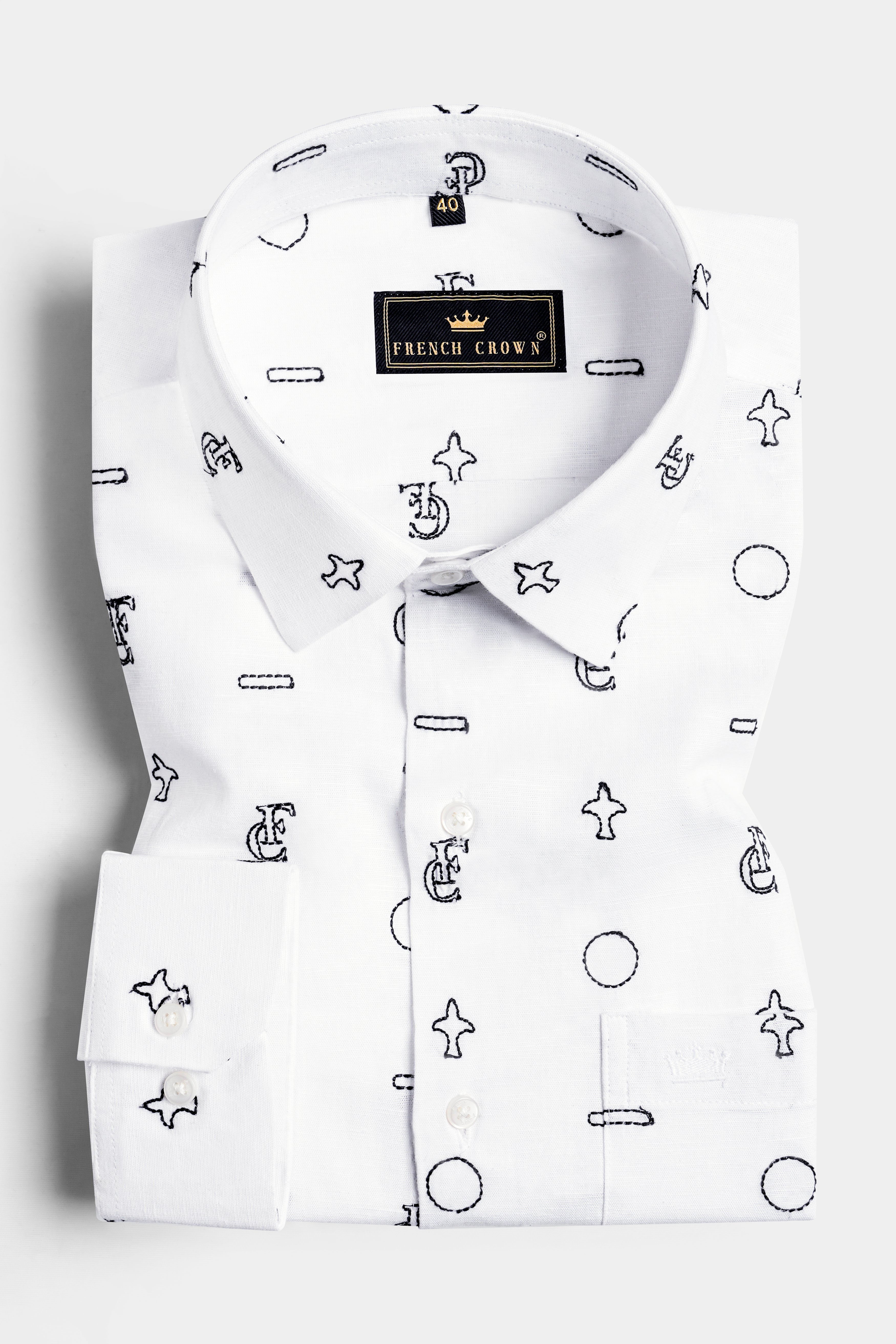 Bright White French Crown Elements Embroidered Luxurious Linen Designer Shirt